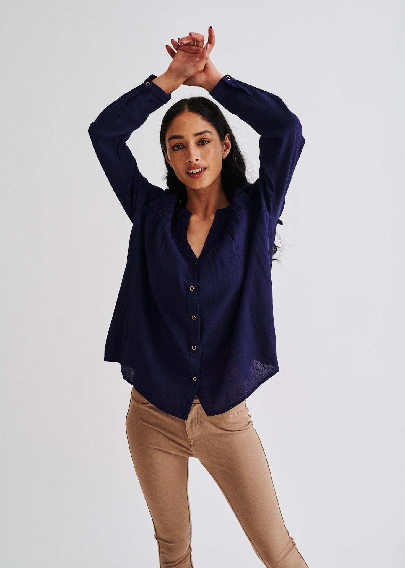 Button up Blouse with Criss Cross Detail In Navy - Tribute StoreTRIBUTE