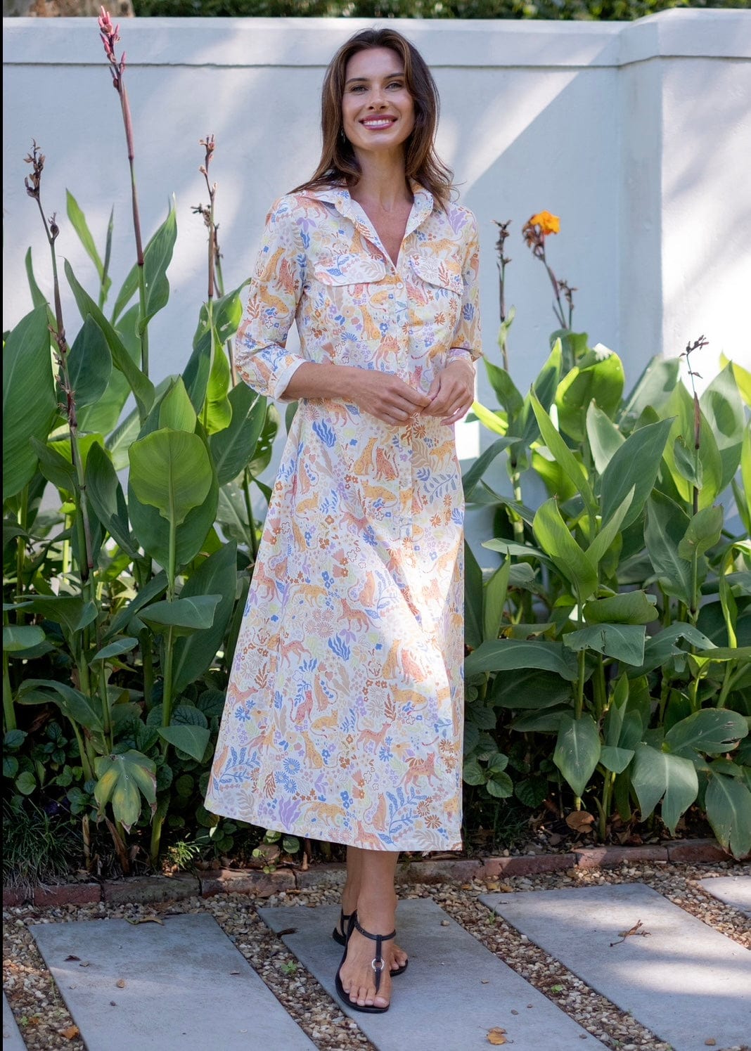 Button up Midi Shirt Dress in Pastel Wildlife Print - DRESSES
