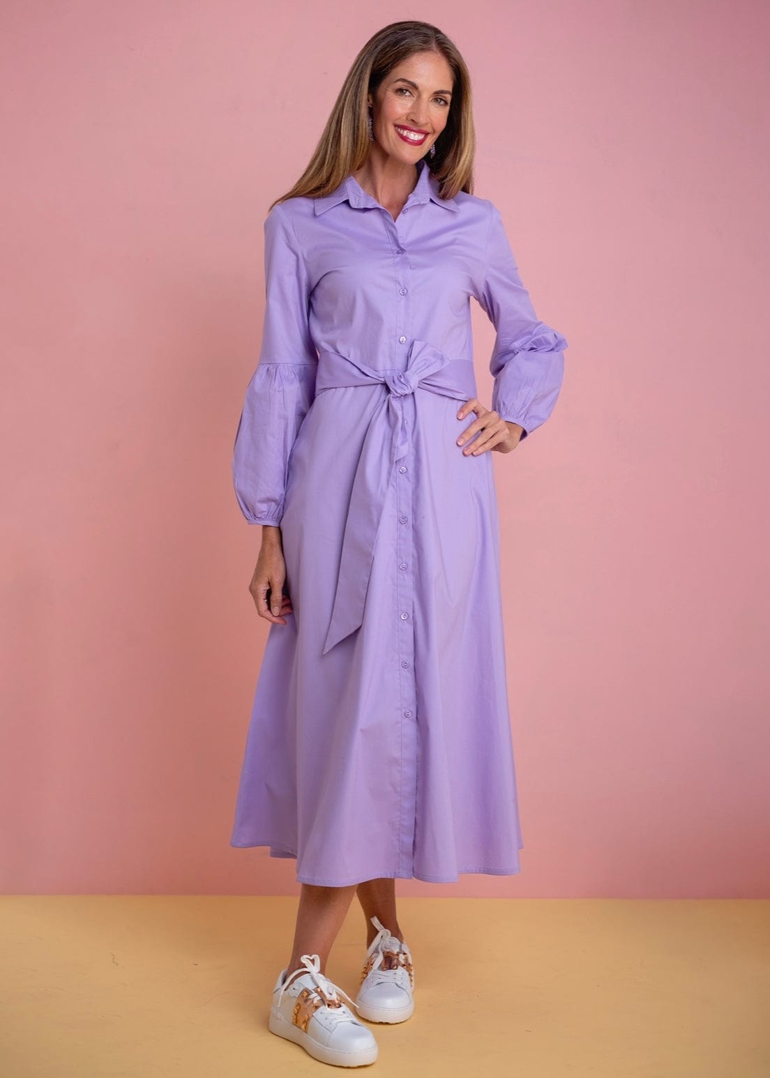 Button up Midi Shirt Puff Sleeve Dress With Sash In Lavender - Tribute StoreICONIC