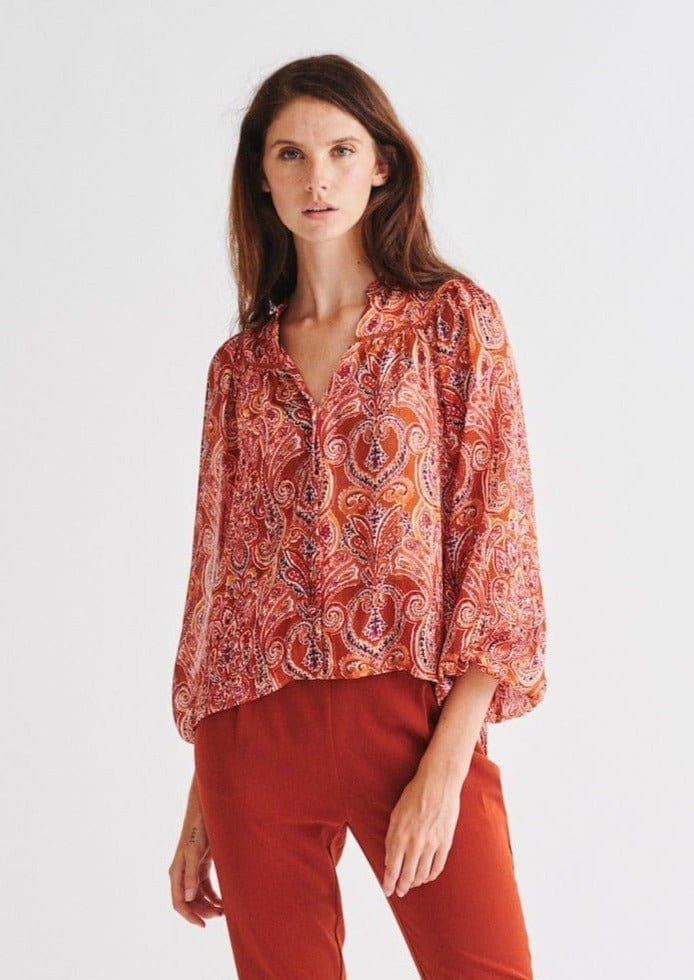 Chiffon Button up Blouse with Lace Inset In Rust - Tribute StoreTRIBUTE