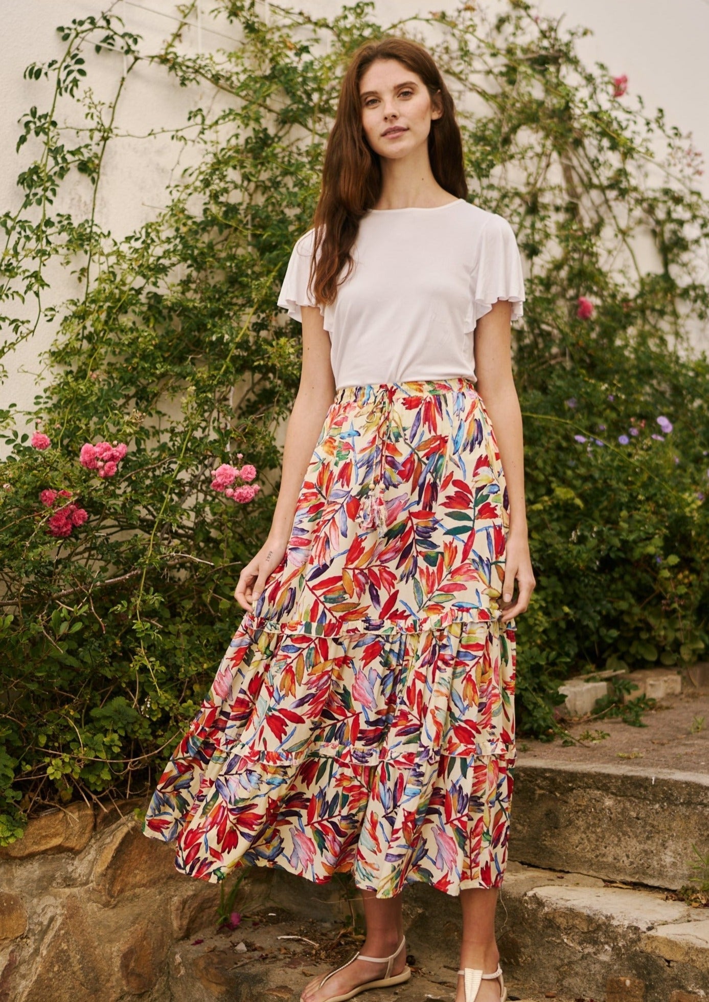 Flared Bohemian Tiered Skirt in Cream Tropical Print - Tribute StoreTRIBUTE