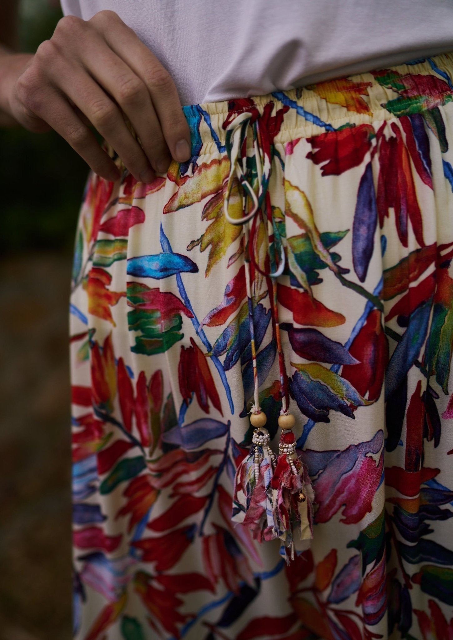 Flared Bohemian Tiered Skirt in Cream Tropical Print - Tribute StoreTRIBUTE