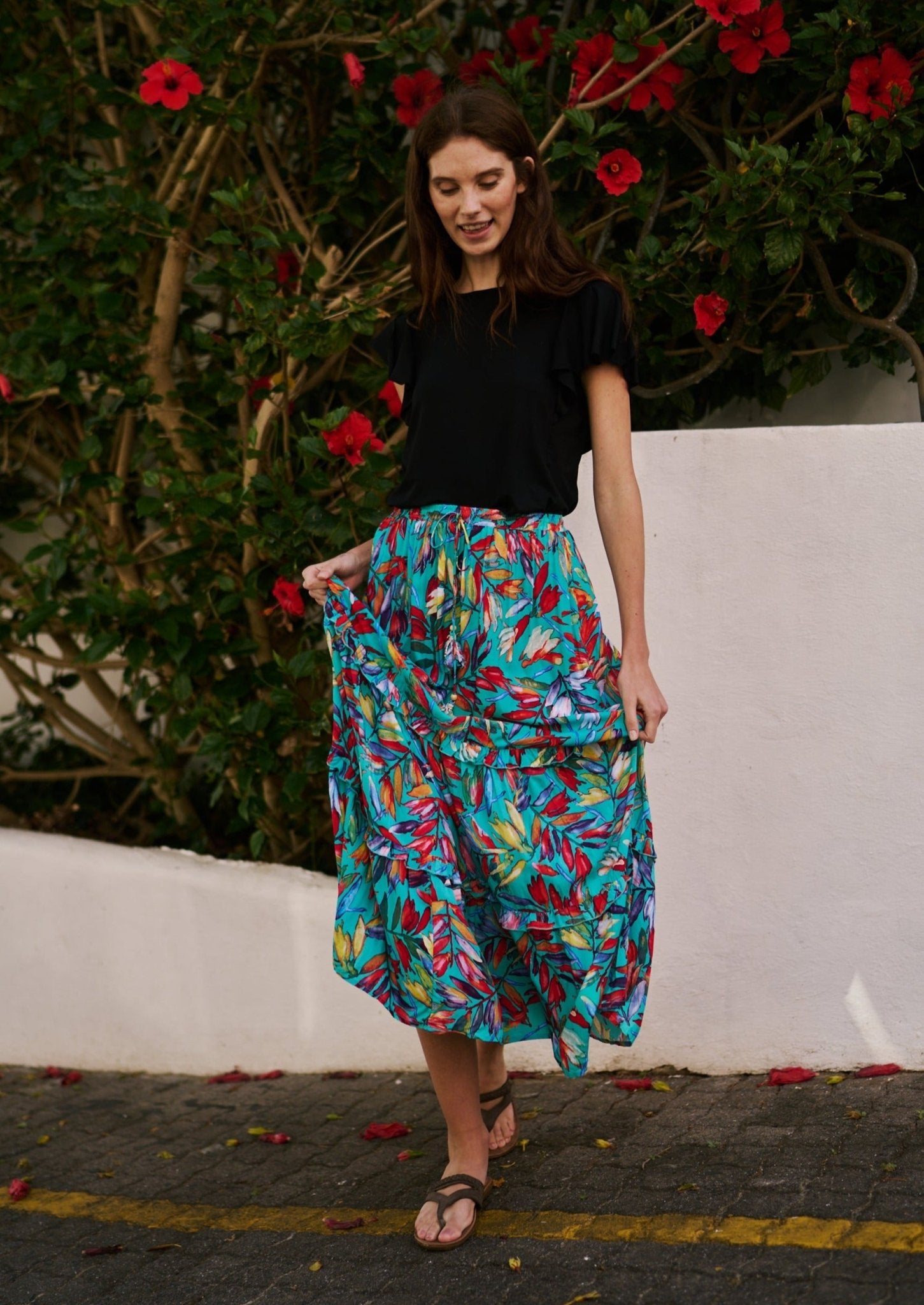 Flared Bohemian Tiered Skirt in Turquoise Tropical Print - Tribute StoreTRIBUTE