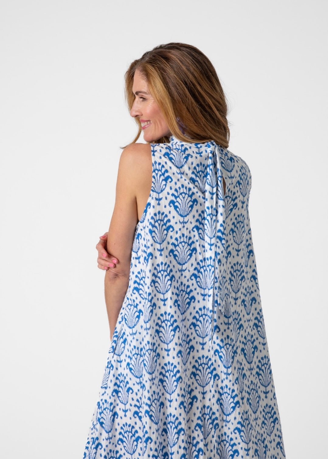 High Neck Tie Dress In Blue And White Ikat - Tribute StoreICONIC