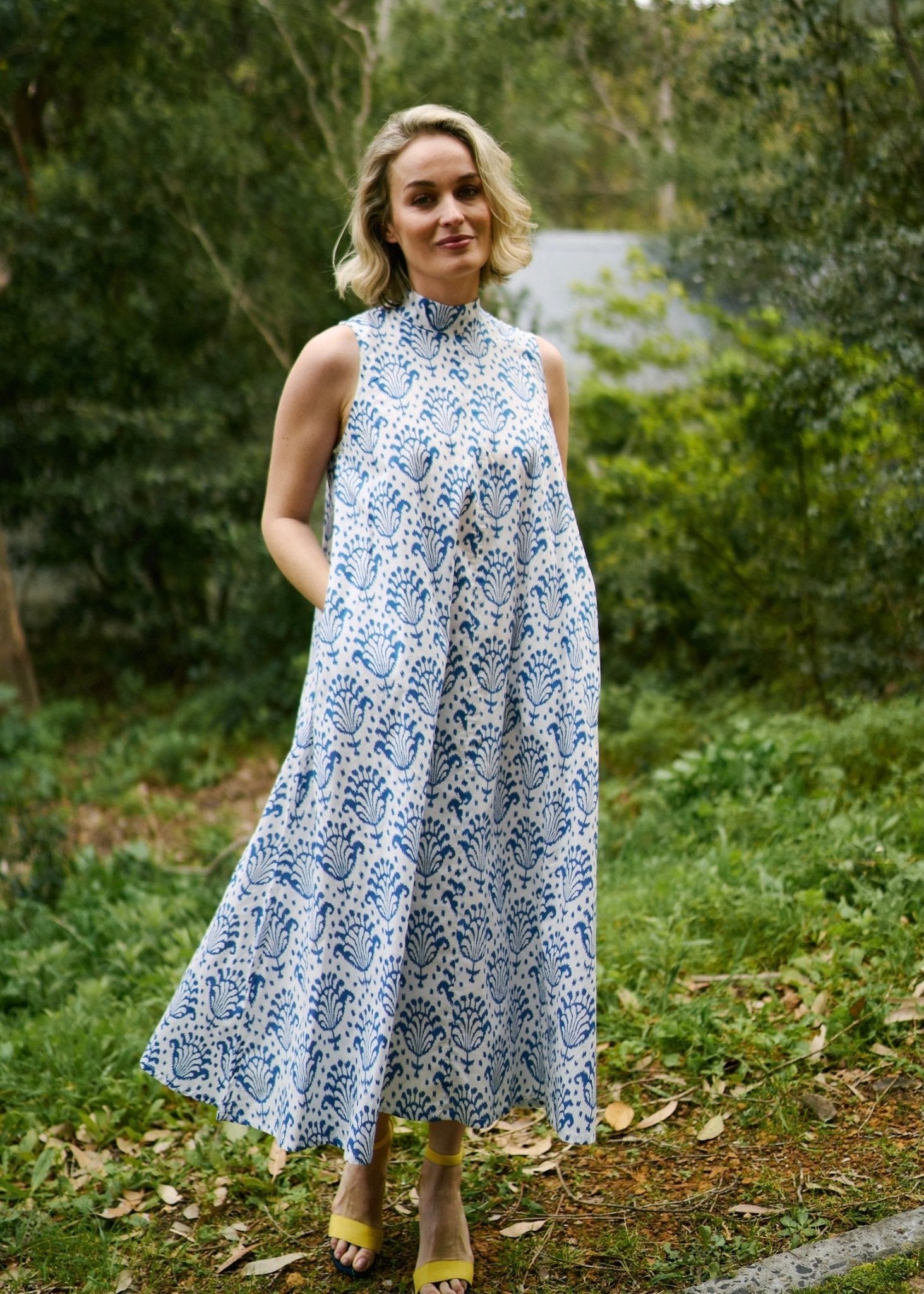 High Neck Tie Dress In Blue And White Ikat - Tribute StoreICONIC