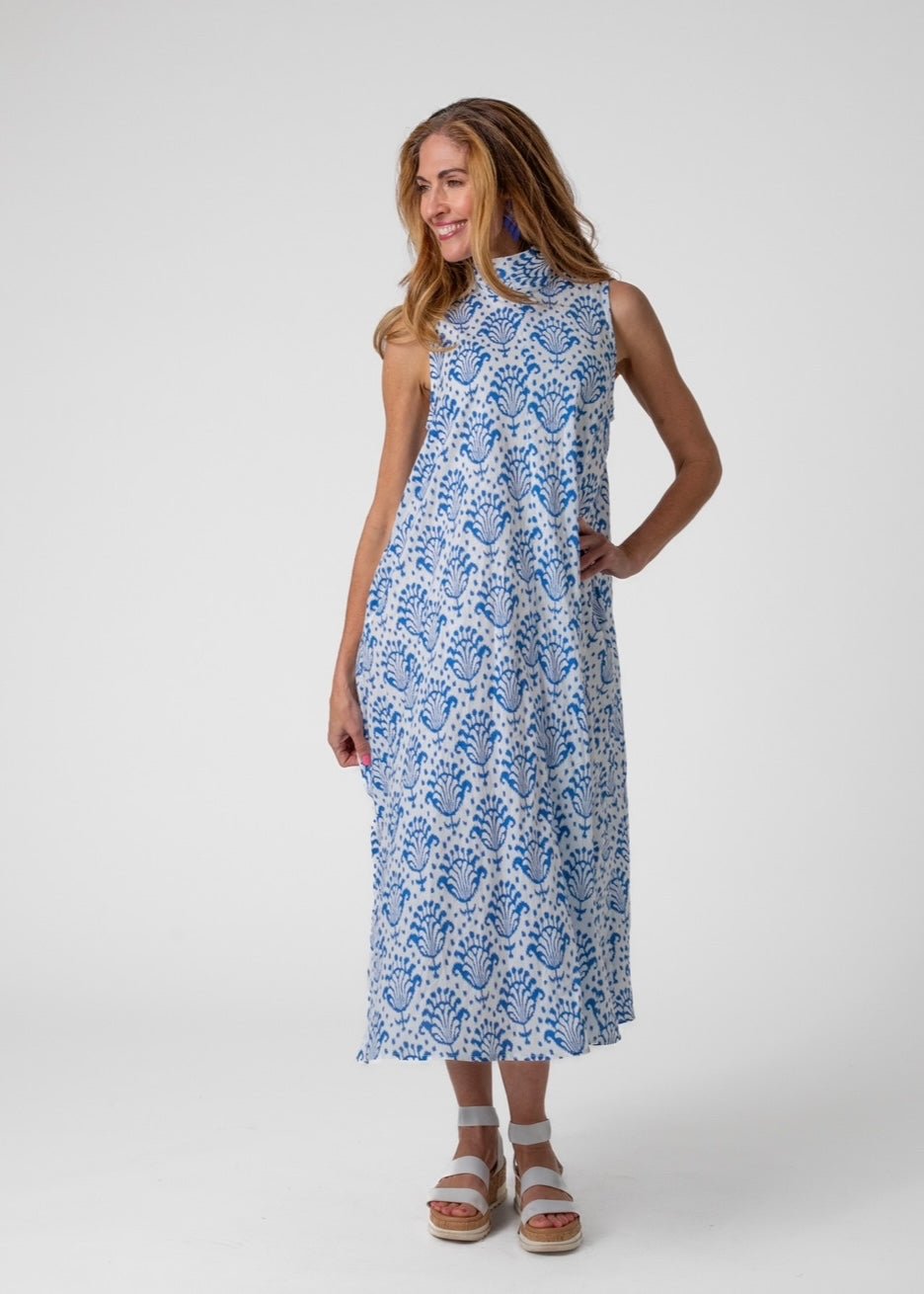 High Neck Tie Dress In Blue And White Ikat - Tribute StoreICONIC