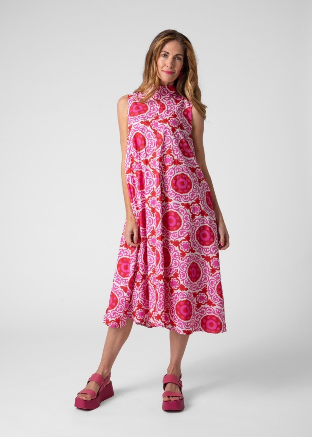 High Neck Tie Dress With Circle Print In Pink And White - Tribute StoreICONIC