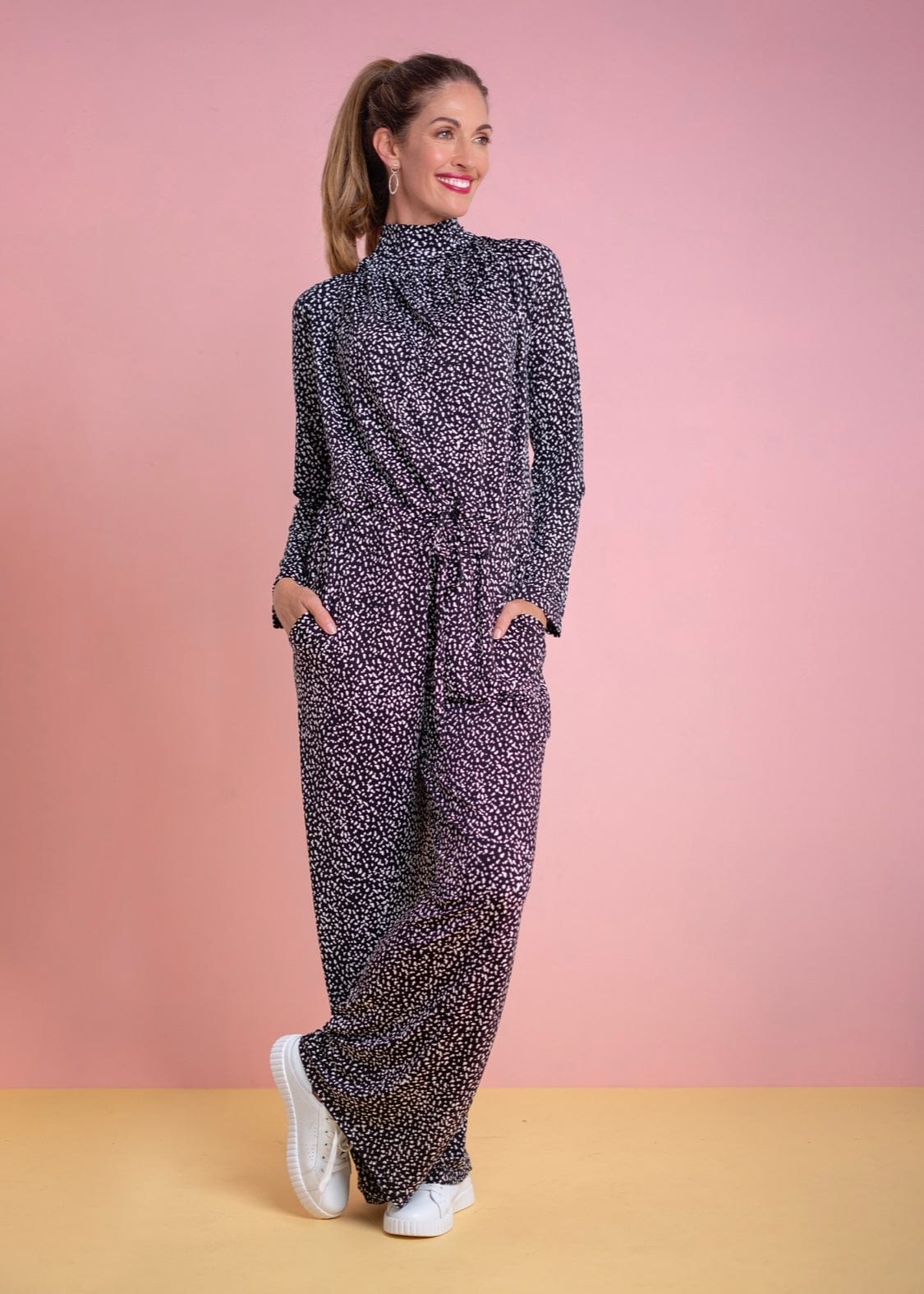 High Neck Winter Jumpsuit In Black and White Polka Dot - Tribute StoreICONIC