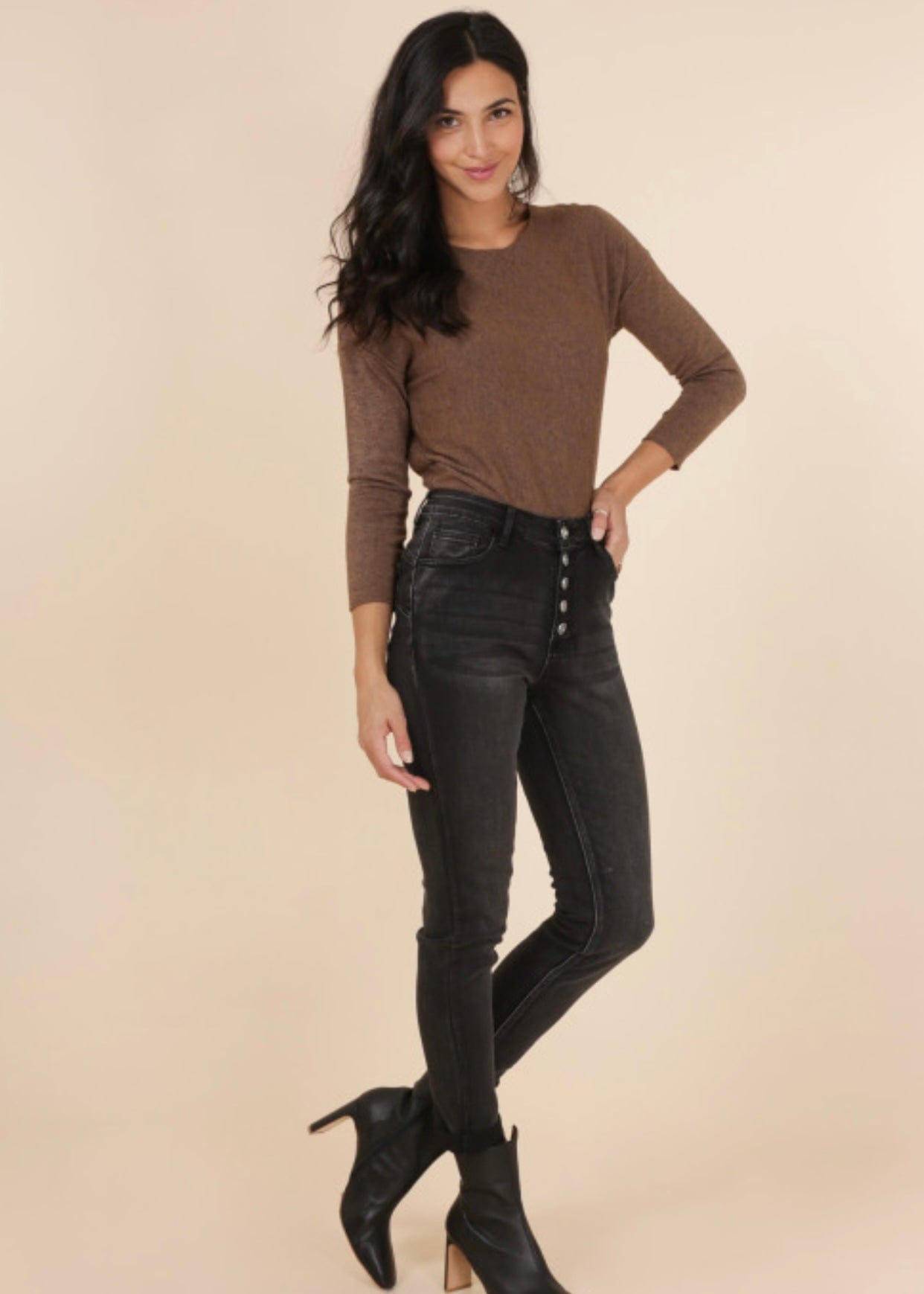 High-Rise Black Denim Jeans with Front Buttons - Tribute StoreTRIBUTE