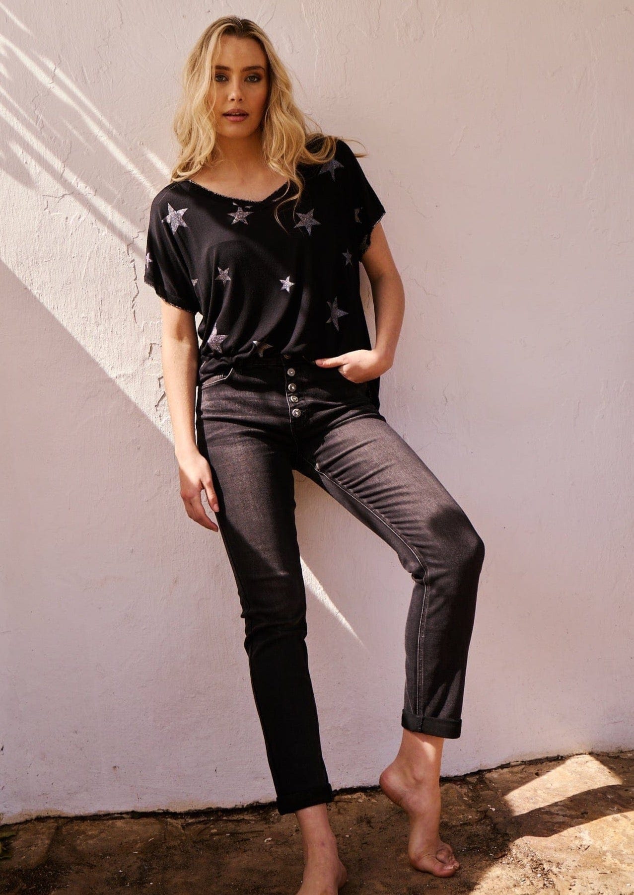 High-Rise Black Denim Jeans with Front Buttons - Tribute StoreTRIBUTE