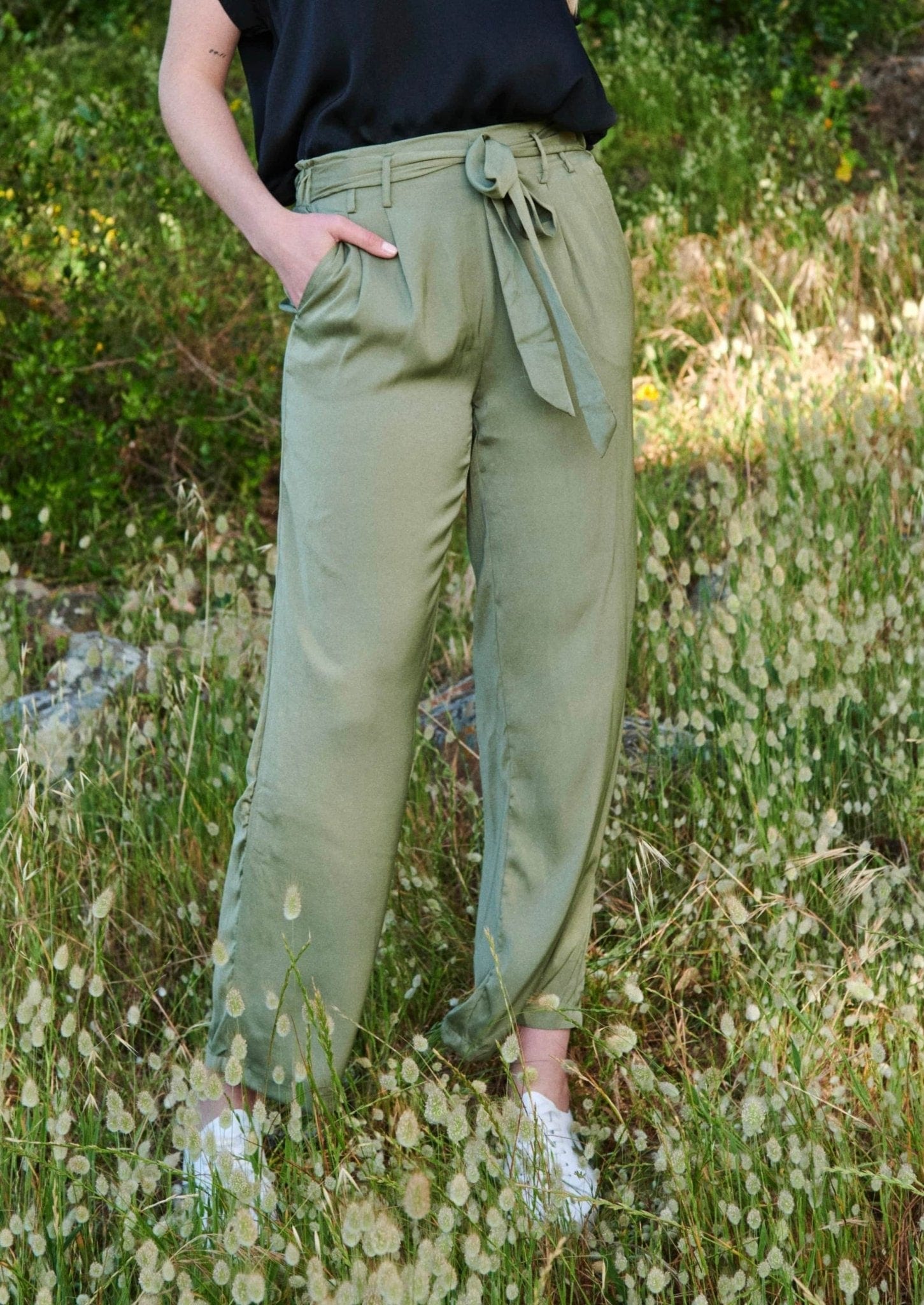 High Waisted Satin Pants In Olive - Tribute StoreTRIBUTE