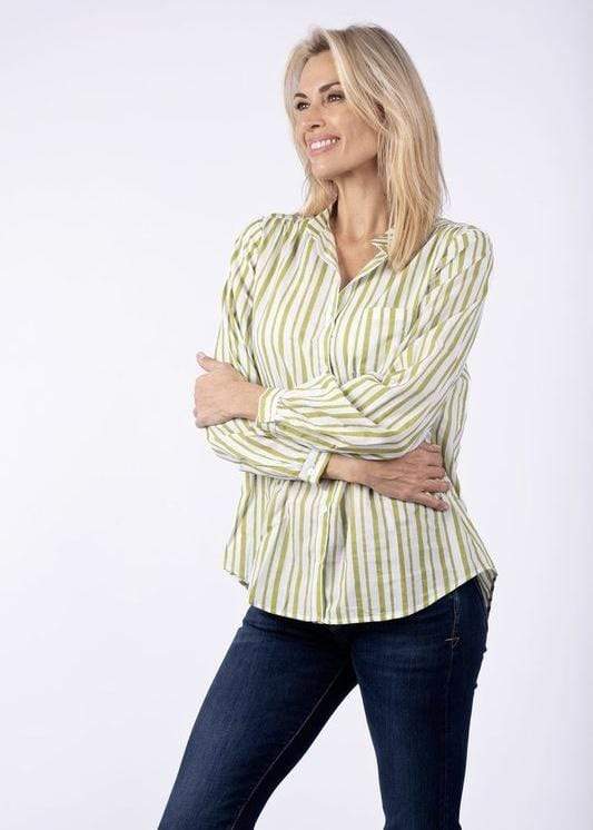 Indian Cotton Blouse In White And Green Stripe - Tribute StoreICONIC DESIGNS
