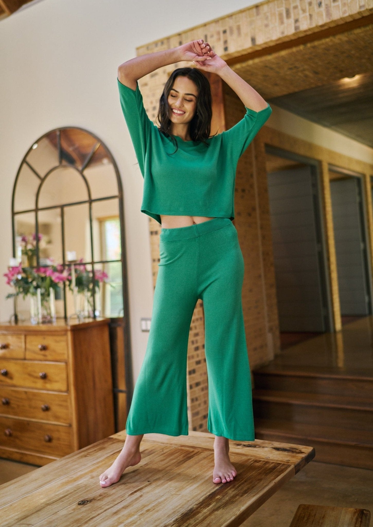 Italian Knitted Cropped Palazzo Pants In Green - Tribute StoreTRIBUTE