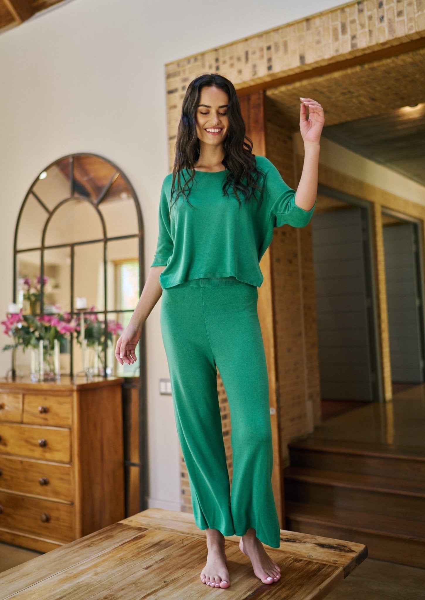 Italian Knitted Cropped Palazzo Pants In Green - Tribute StoreTRIBUTE