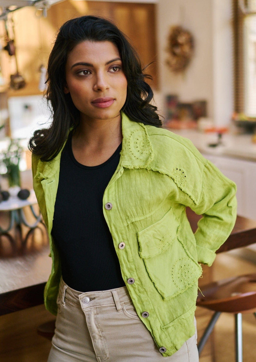 green linen jacket womens