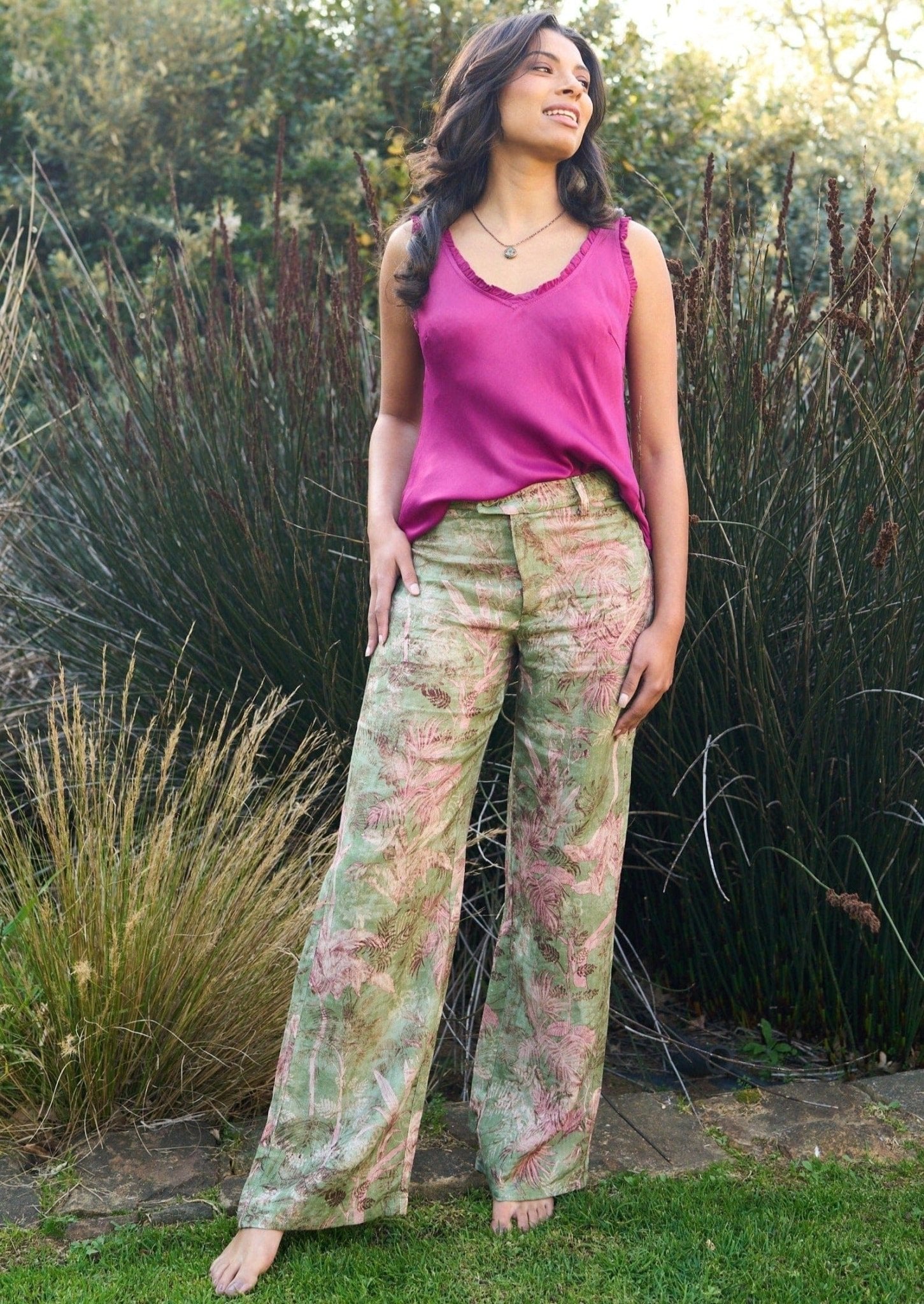 Italian Linen Palazzo Pants with Jungle Print in Pink and Green - Tribute StoreTRIBUTE