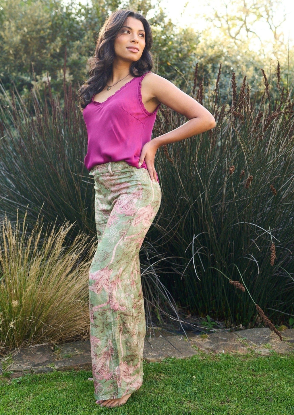 Italian Linen Palazzo Pants with Jungle Print in Pink and Green - BOTTOMS  Tribute Store