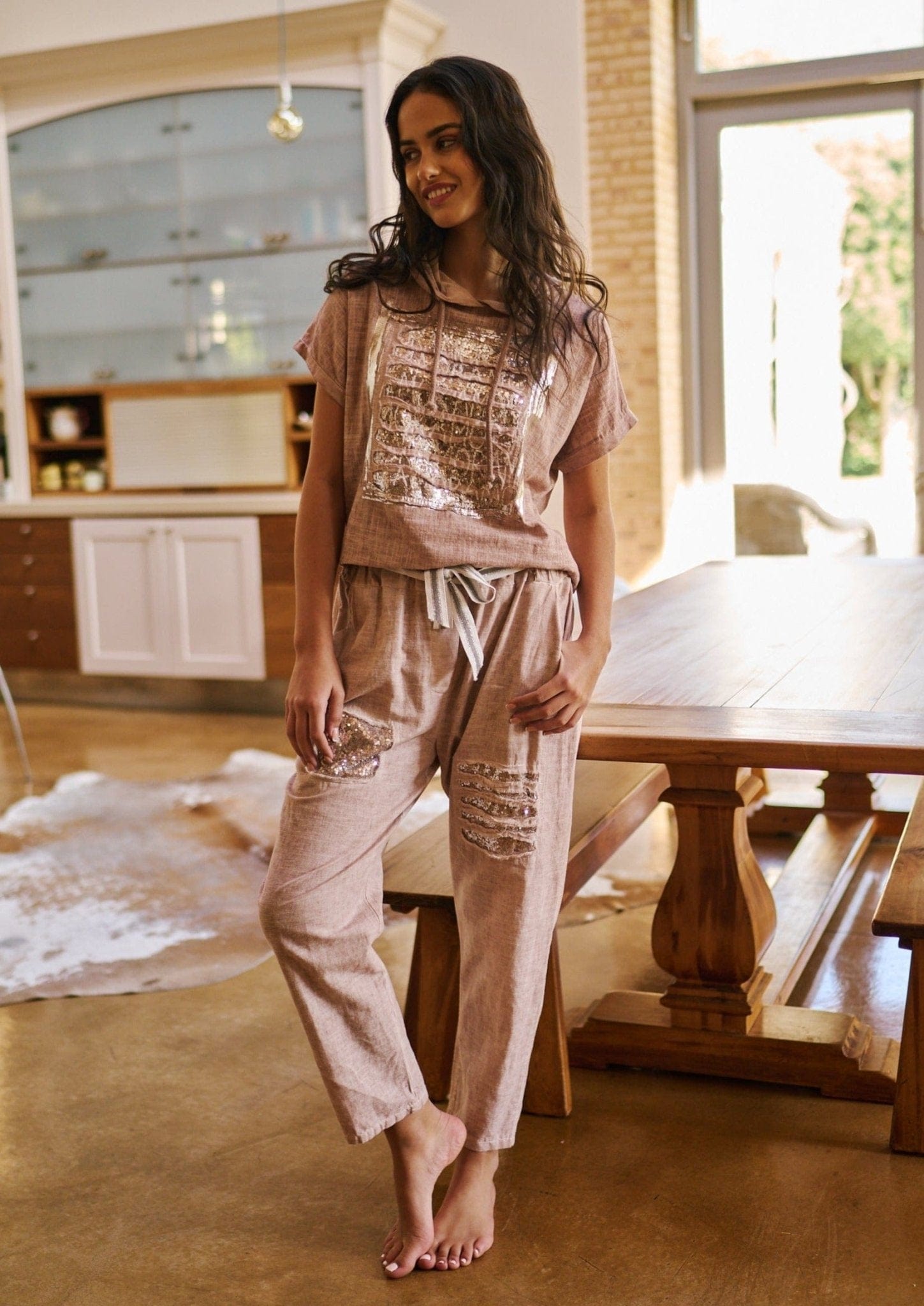 Italian Linen Pants with Sequin Detail in Blush - Tribute StoreTRIBUTE