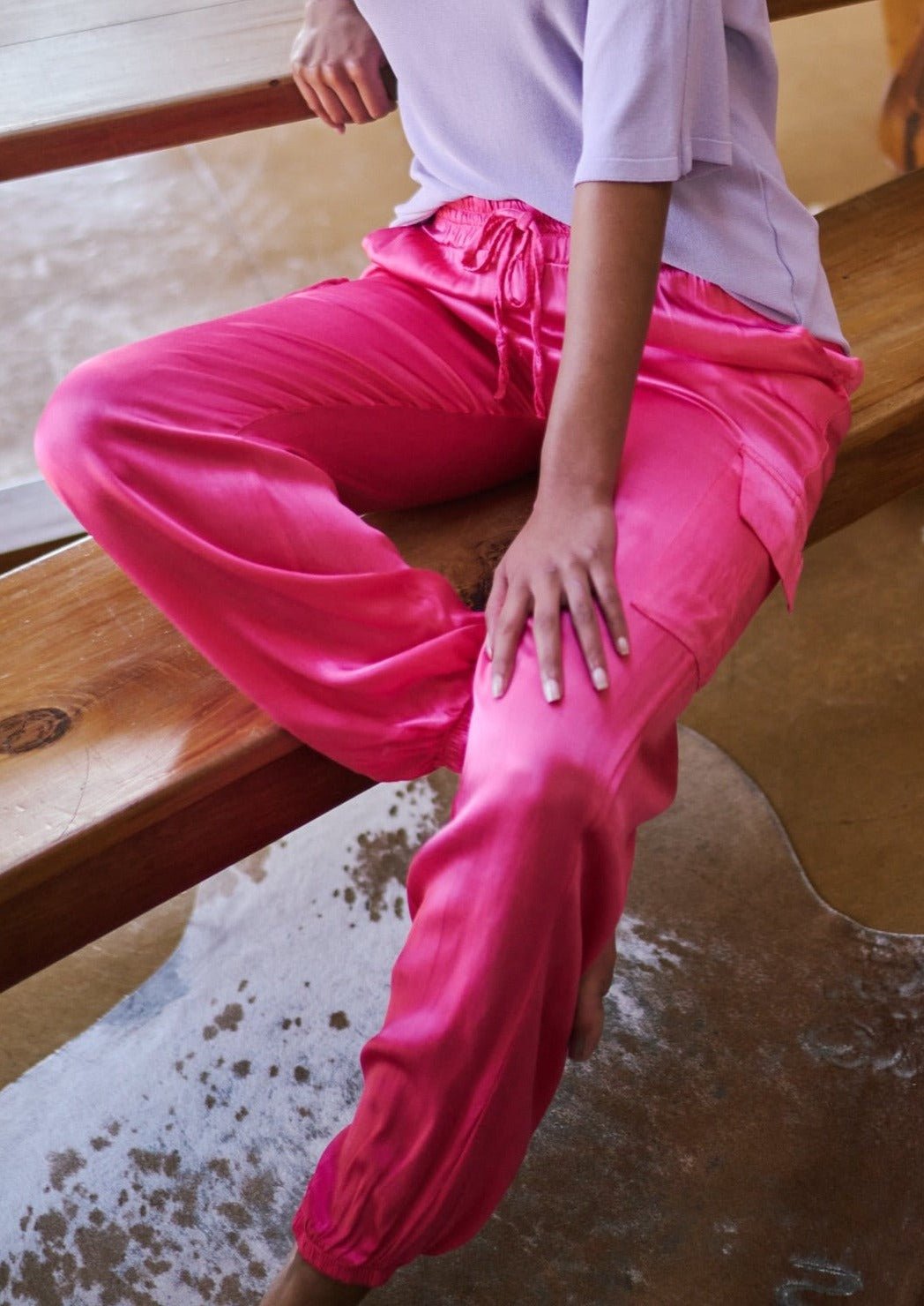 High Waisted Satin Pants In Pink Emerald Print