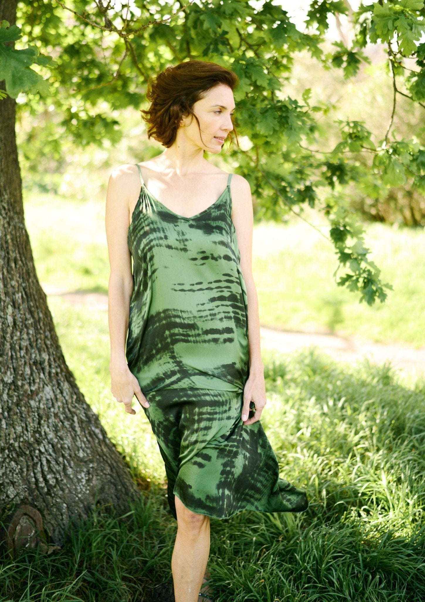 Italian Satin Maxi Dress with Tie Dye Print in Olive Green - Tribute StoreTRIBUTE
