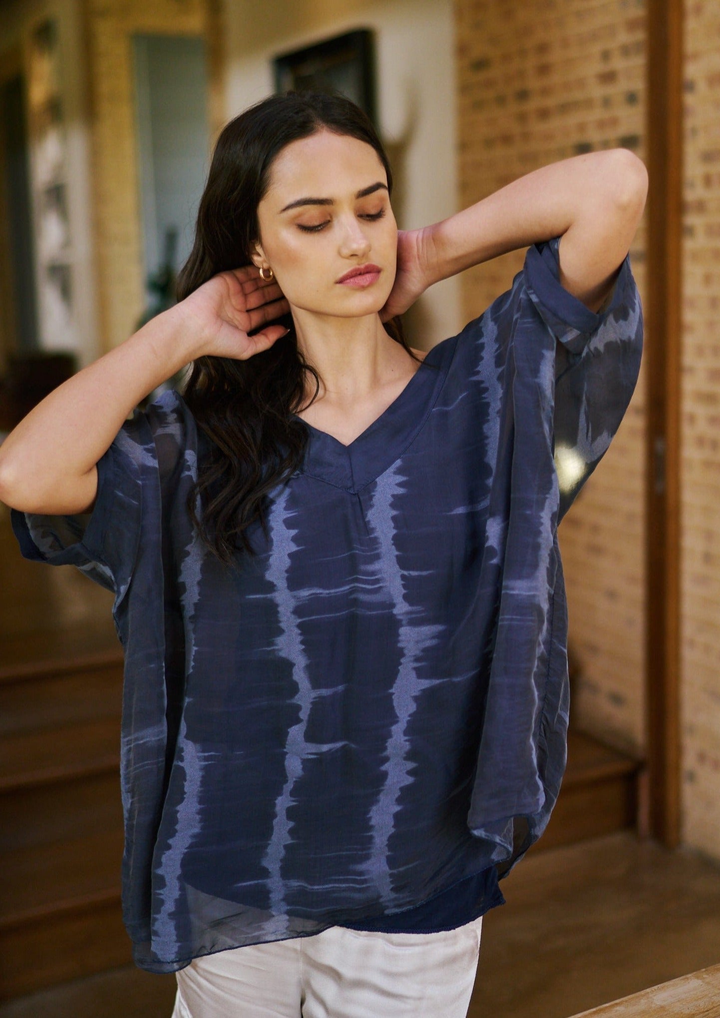 Italian Silk Blouse with Tie Dye Print in Navy Blue - Tribute StoreTRIBUTE