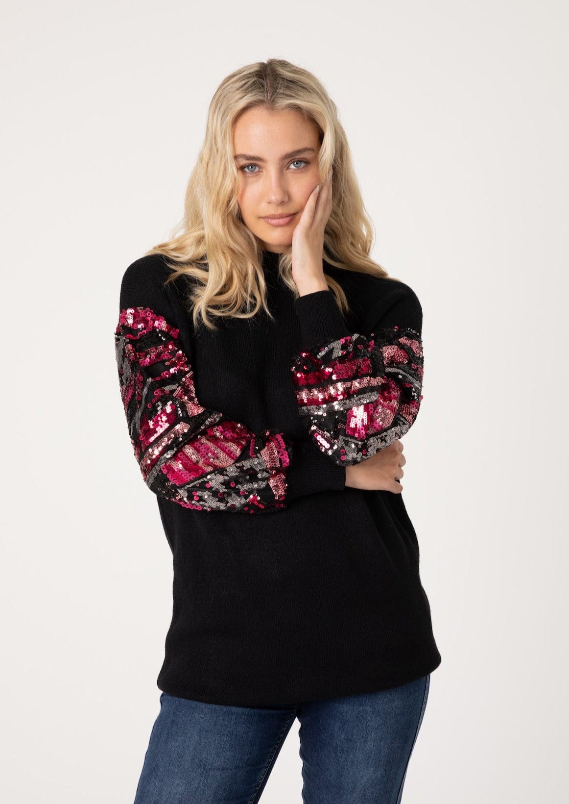 Knitted Round Neck Jersey with Embellished Sleeves In Black - Tribute StoreTRIBUTE