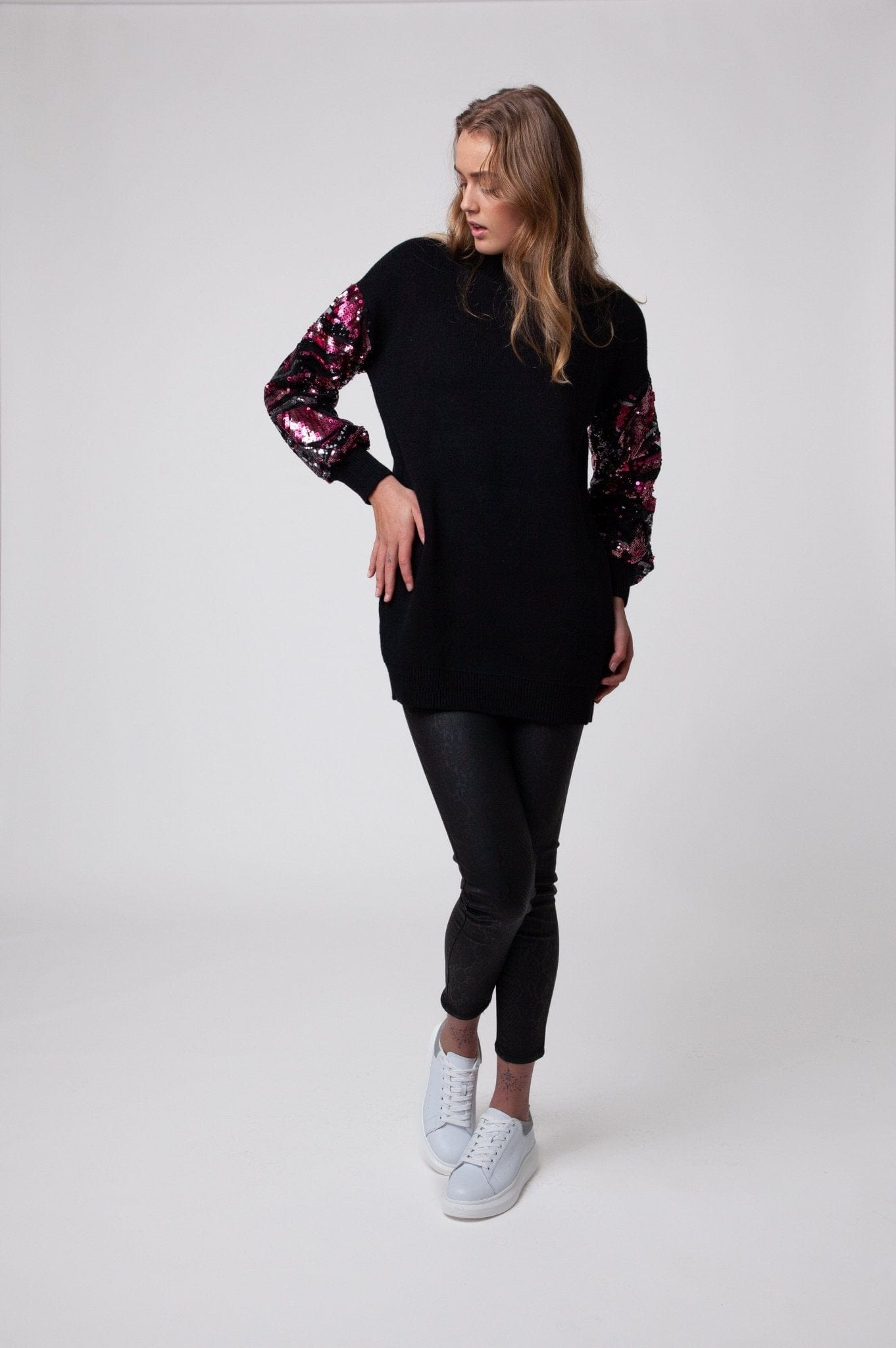 Knitted Round Neck Jersey with Embellished Sleeves In Black - Tribute StoreTRIBUTE