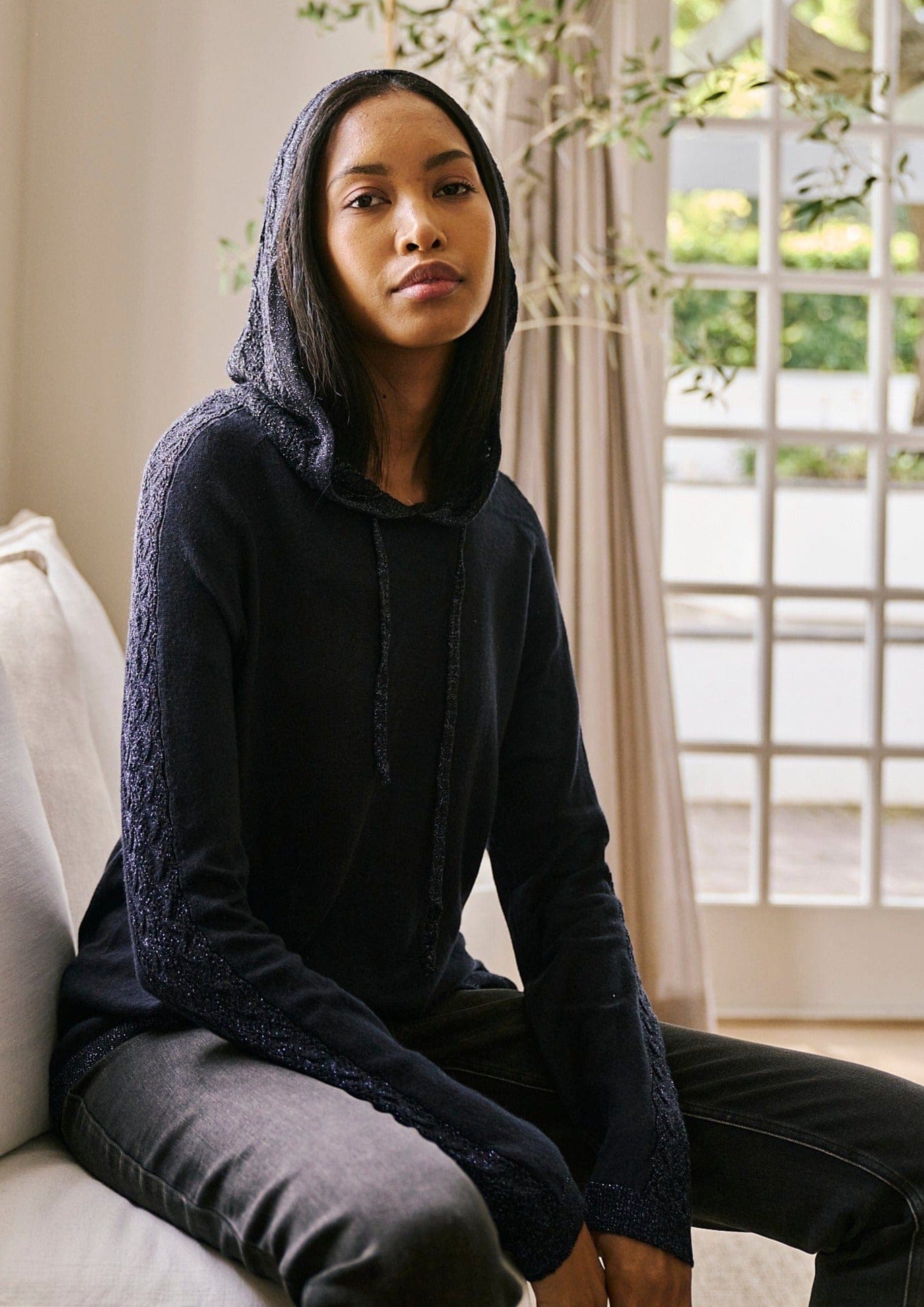Lightweight Hooded Knit with Shimmer Detailing in Navy - Tribute StoreTRIBUTE