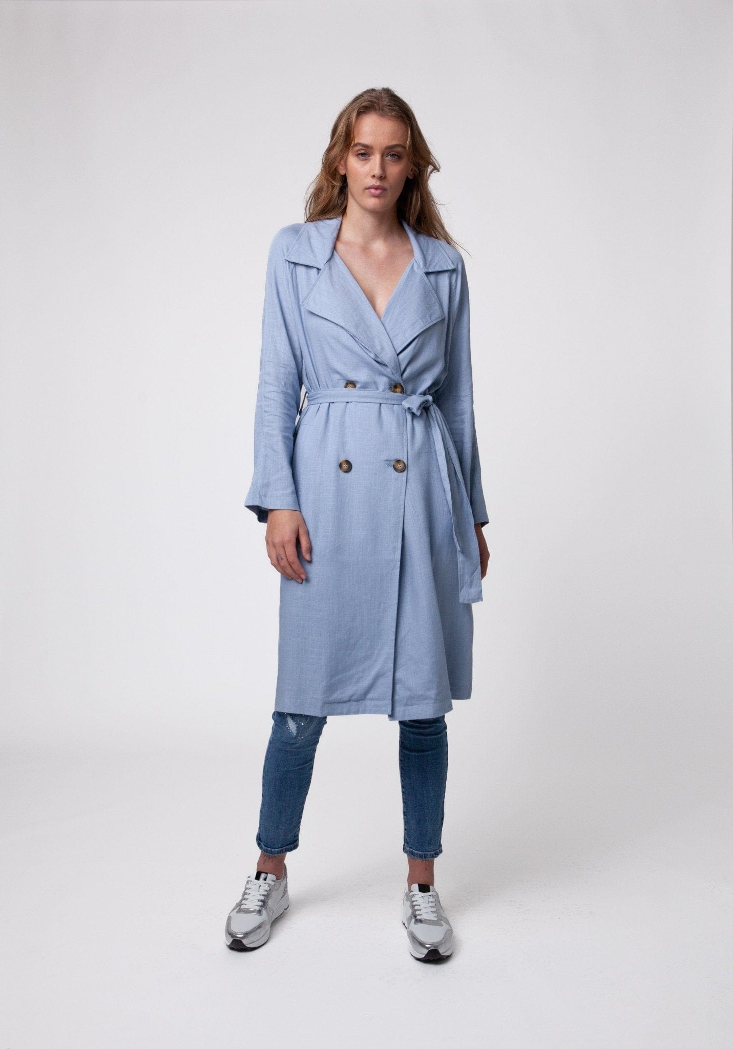 Linen Trench Style Jacket in Soft Blue - Tribute StoreTRIBUTE