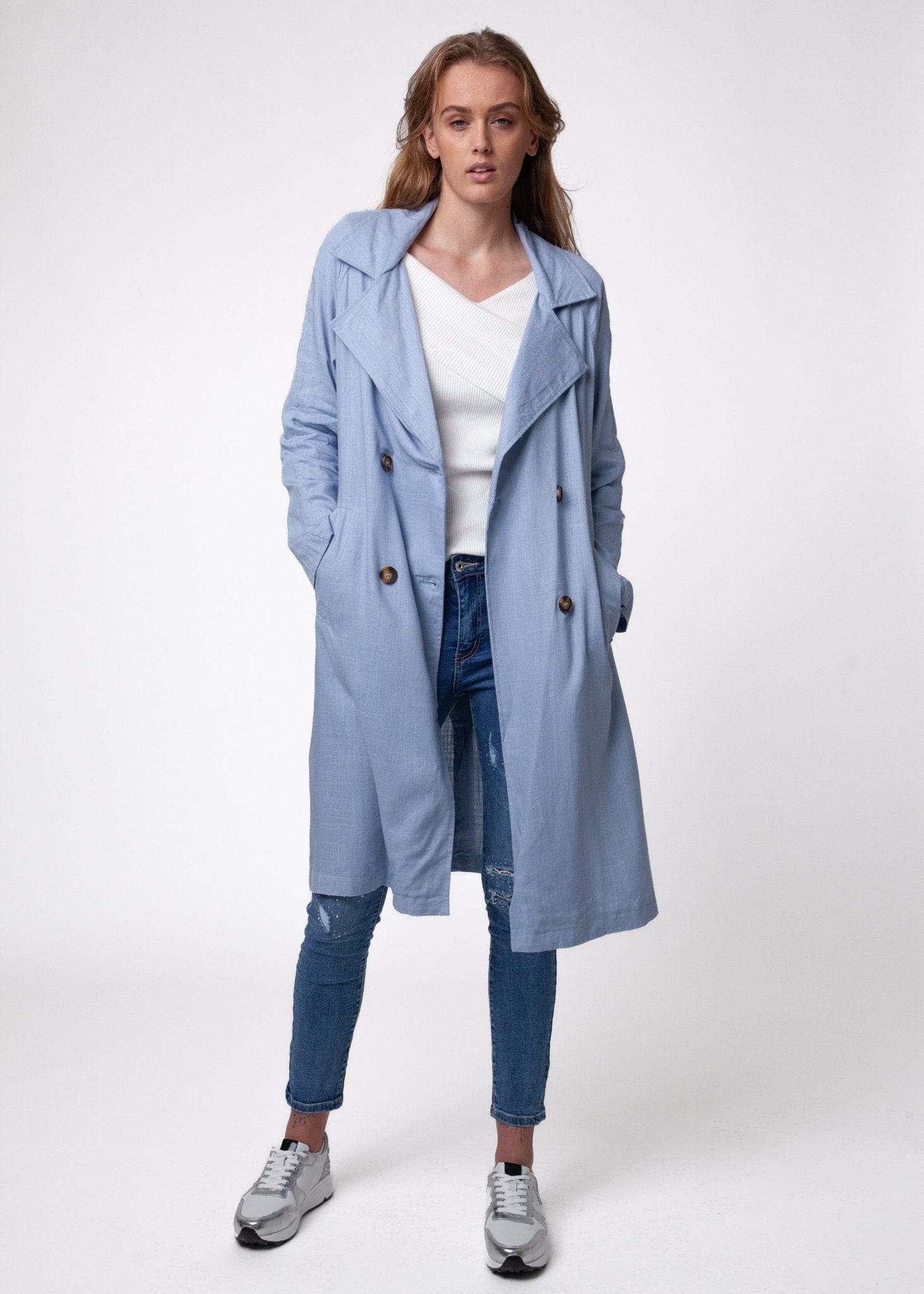 Linen Trench Style Jacket in Soft Blue - JACKETS Tribute Store