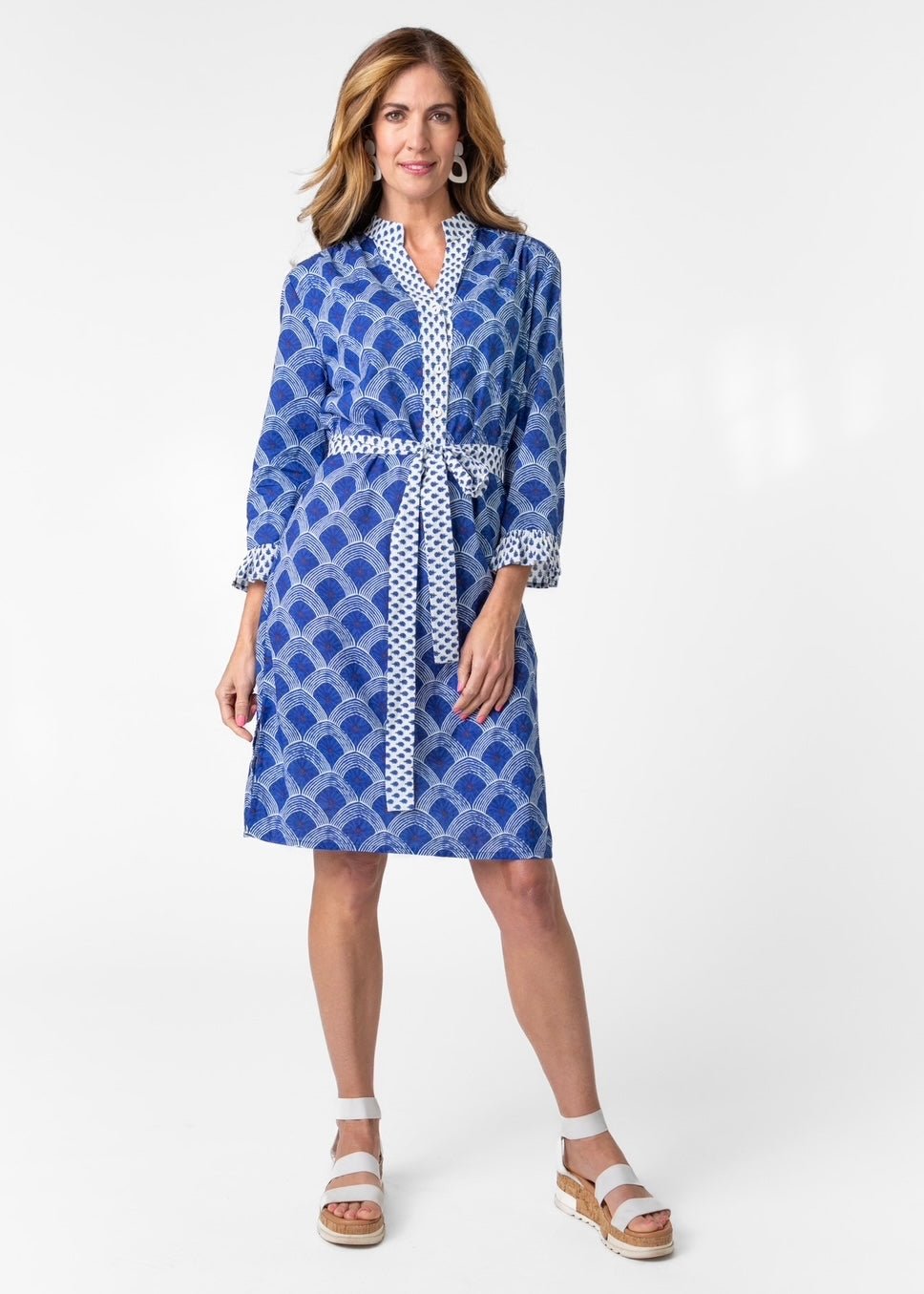 Mandarin Tunic Dress With Half Circle Print In Blue - Tribute StoreICONIC