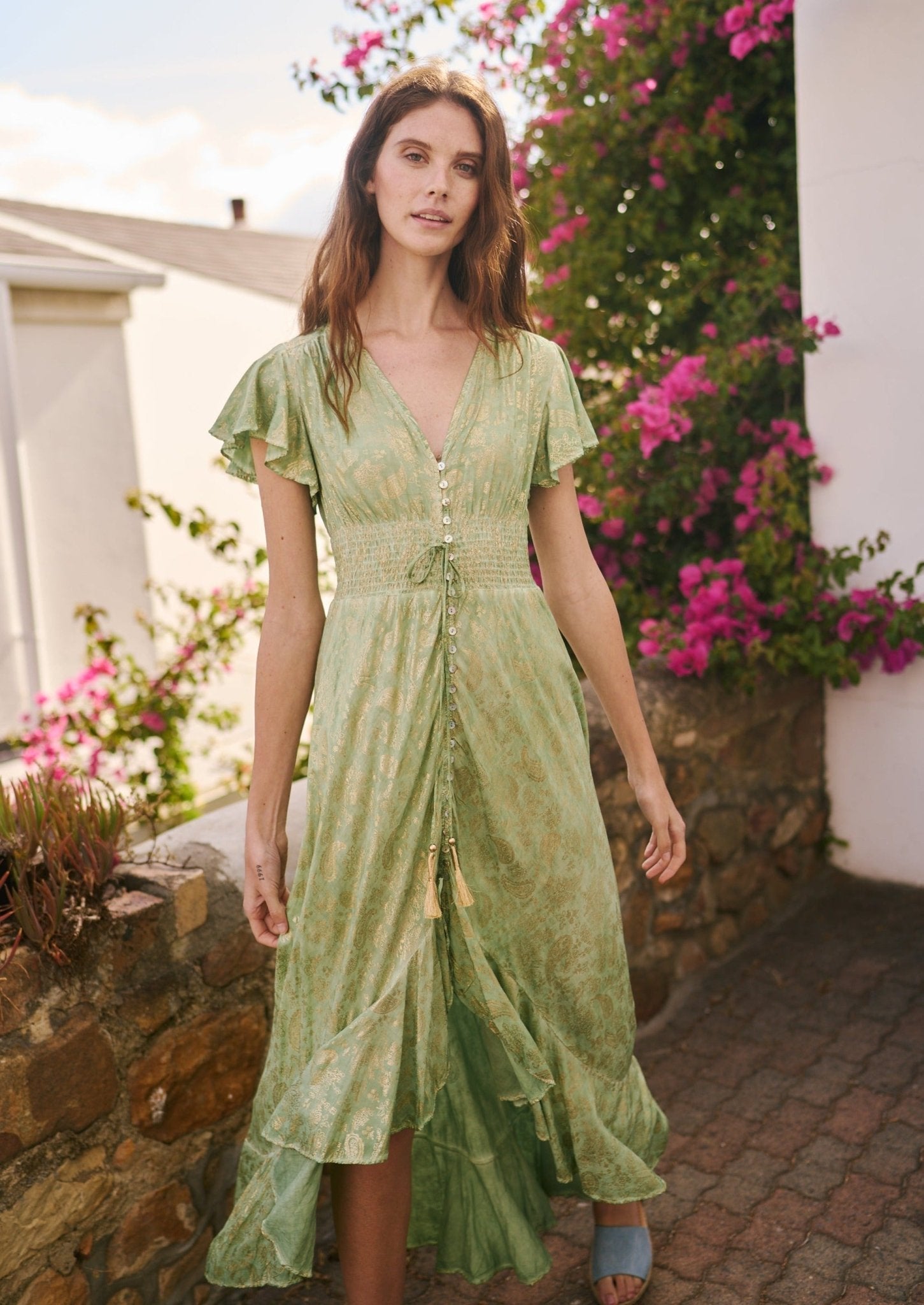 Maxi Bohemian Dress with Gathered Waistline in Ocean Green - Tribute StoreTRIBUTE