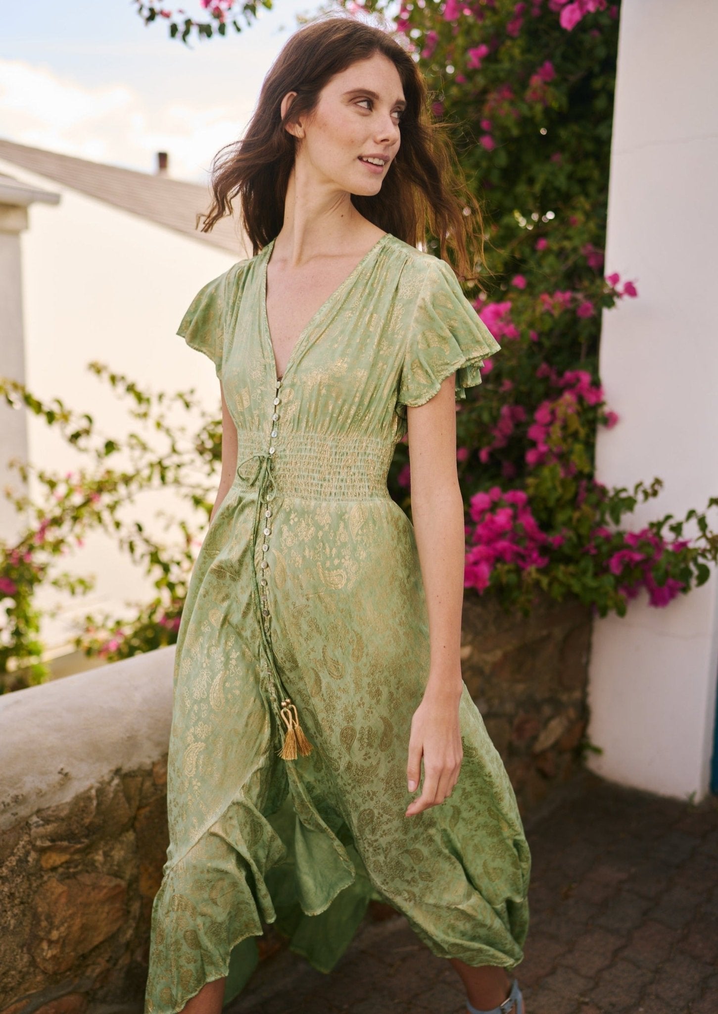 Maxi Bohemian Dress with Gathered Waistline in Ocean Green - DRESSES ...