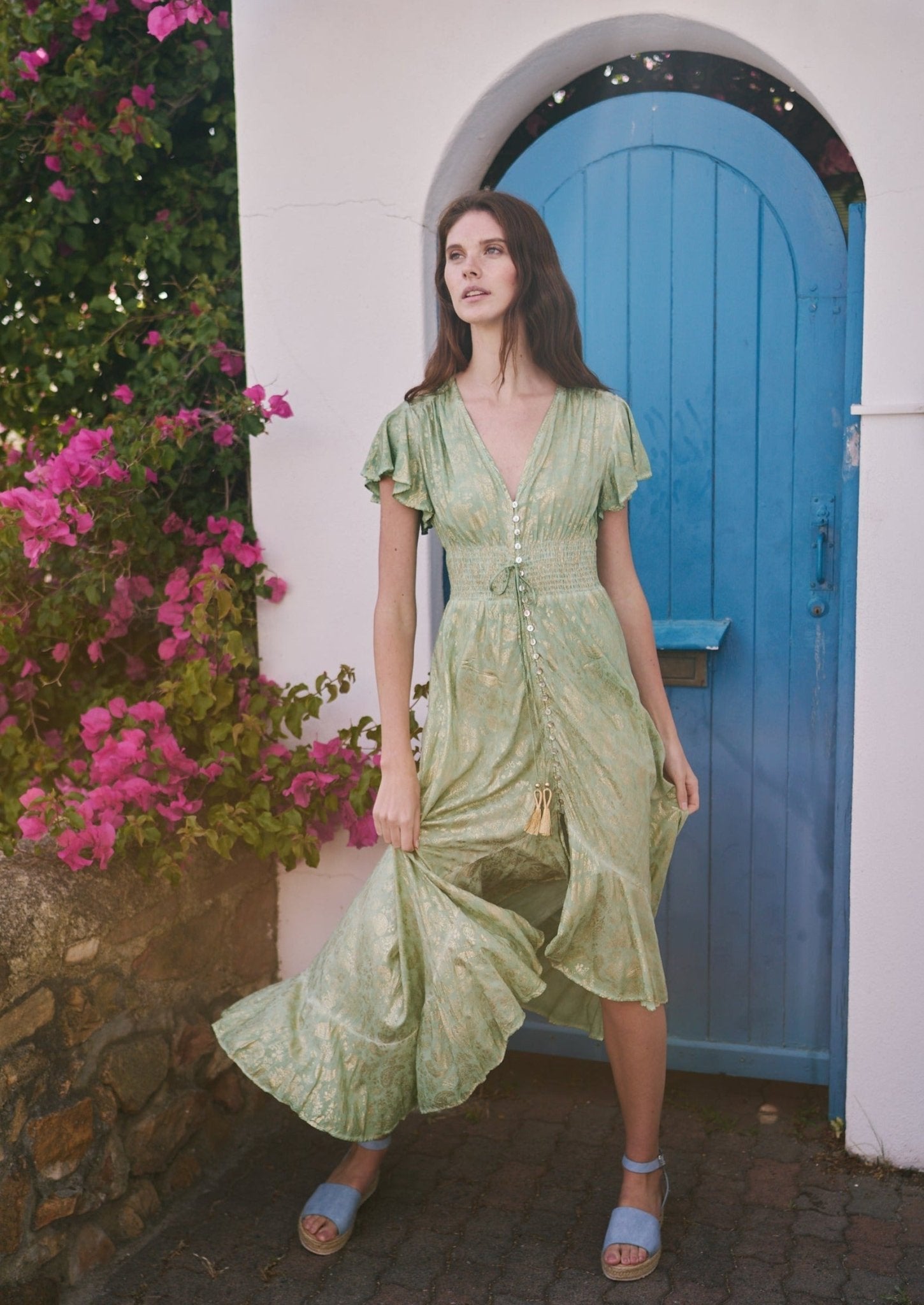 Maxi Bohemian Dress With Gathered Waistline In Ocean Green - DRESSES ...