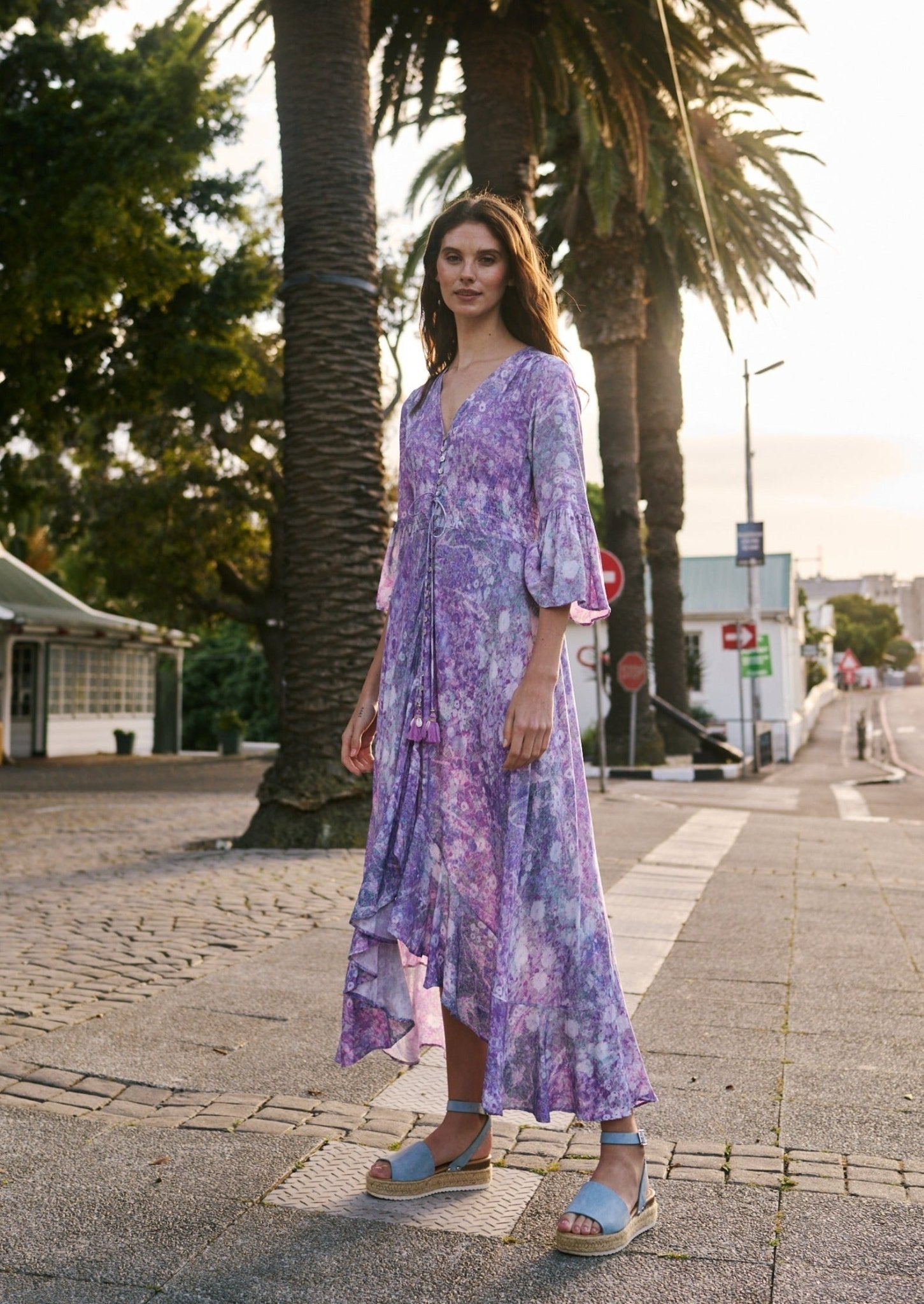 Maxi Bohemian Dress with Gathered Waistline in Purple Watercolour - Tribute StoreTRIBUTE