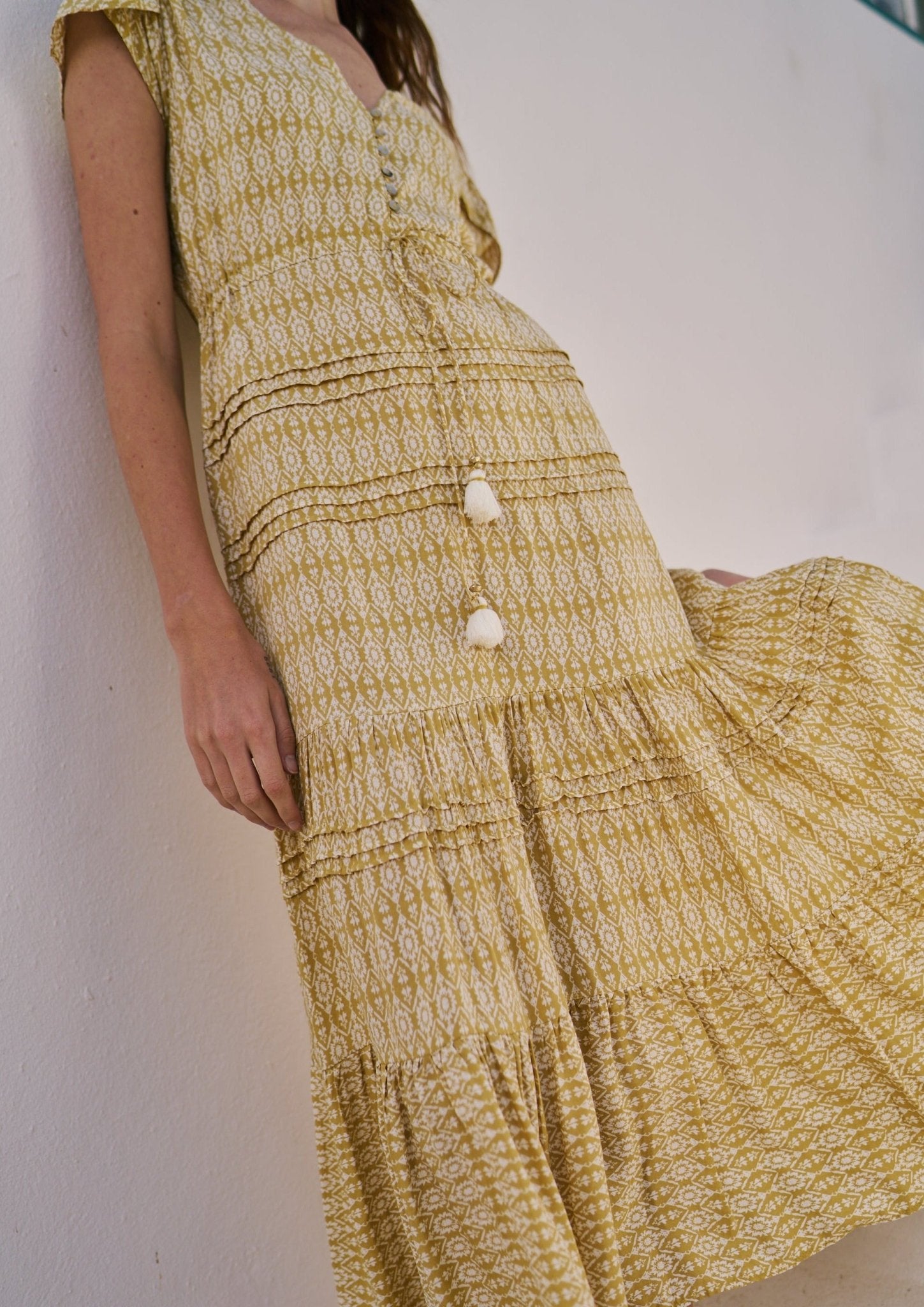 Maxi Bohemian Dress with Pleated Detail in Soft Yellow - Tribute StoreTRIBUTE