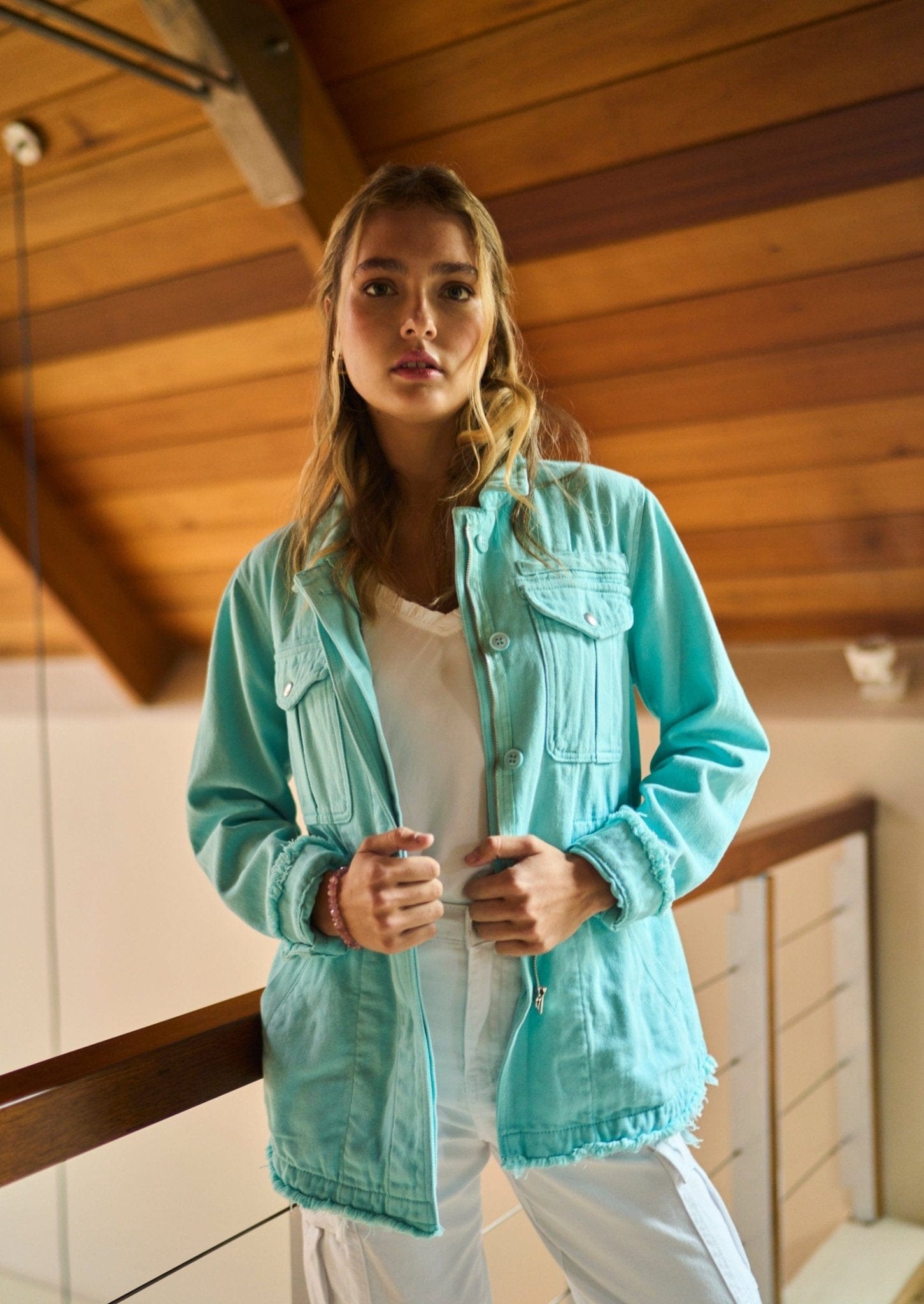 Military Style Denim Jacket with Sequin Detail in Sky Blue - Tribute StoreTRIBUTE