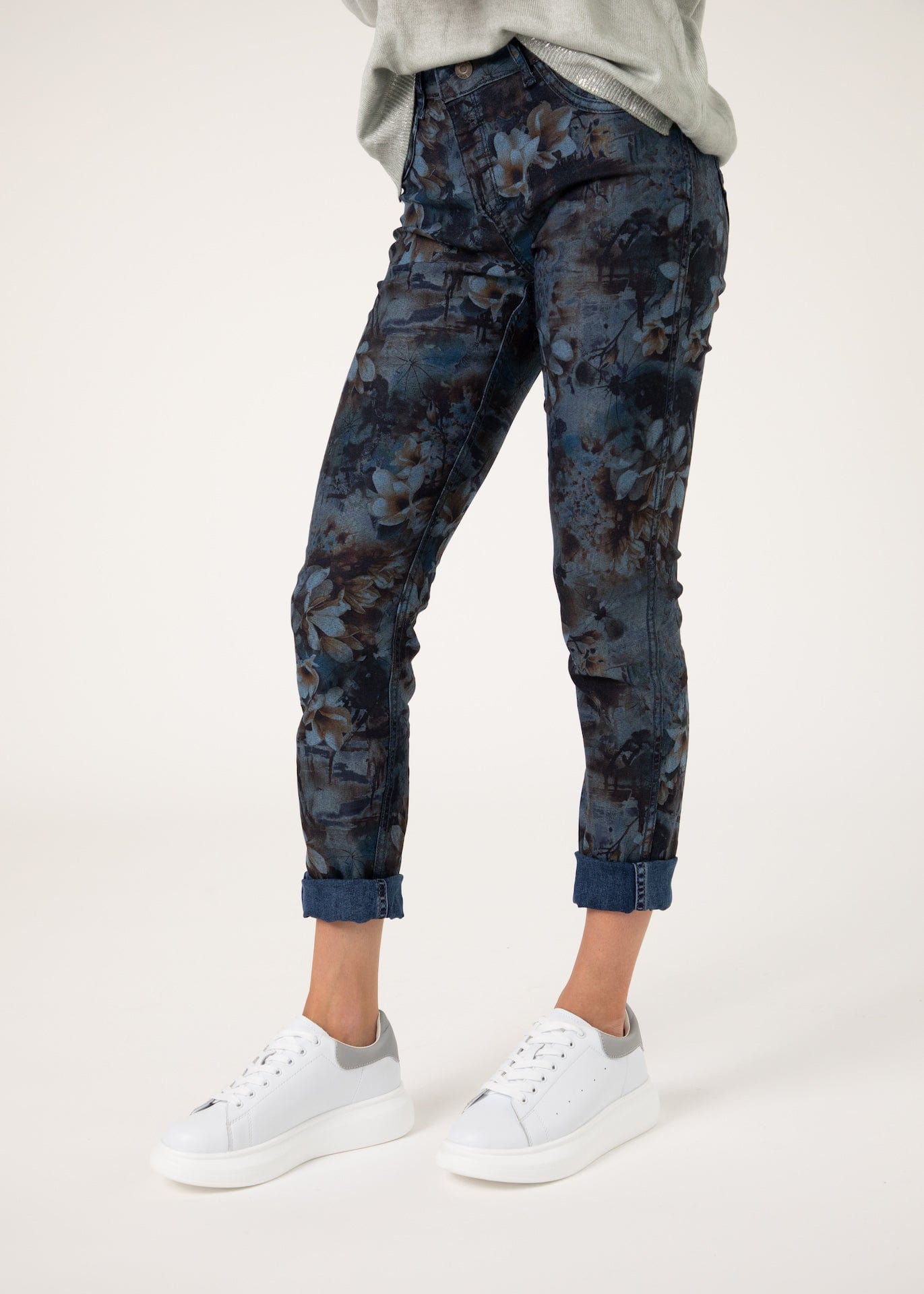 Navy Blue Reversible Jeans with Mocha Oleander Floral Print - Tribute StoreTRIBUTE