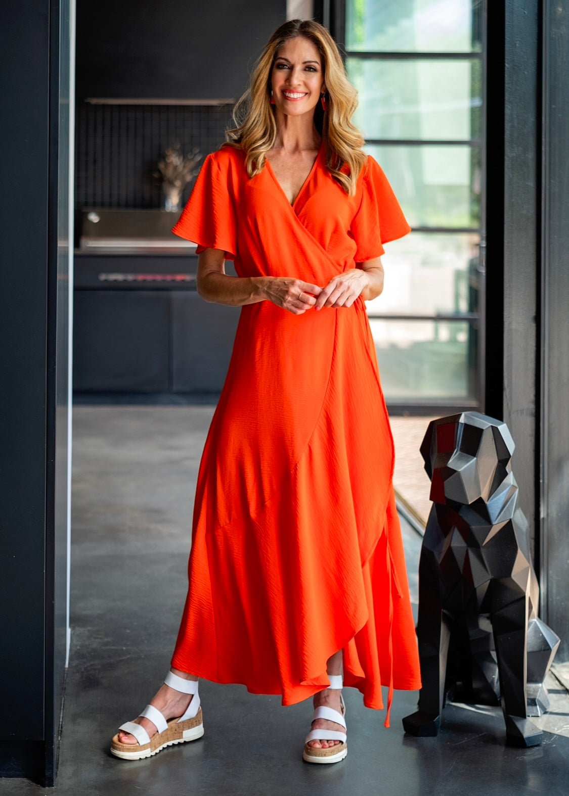 ONLINE EXCLUSIVE Hollywood Frill Wrap Dress In Deep Orange - Tribute StoreICONIC DESIGNS
