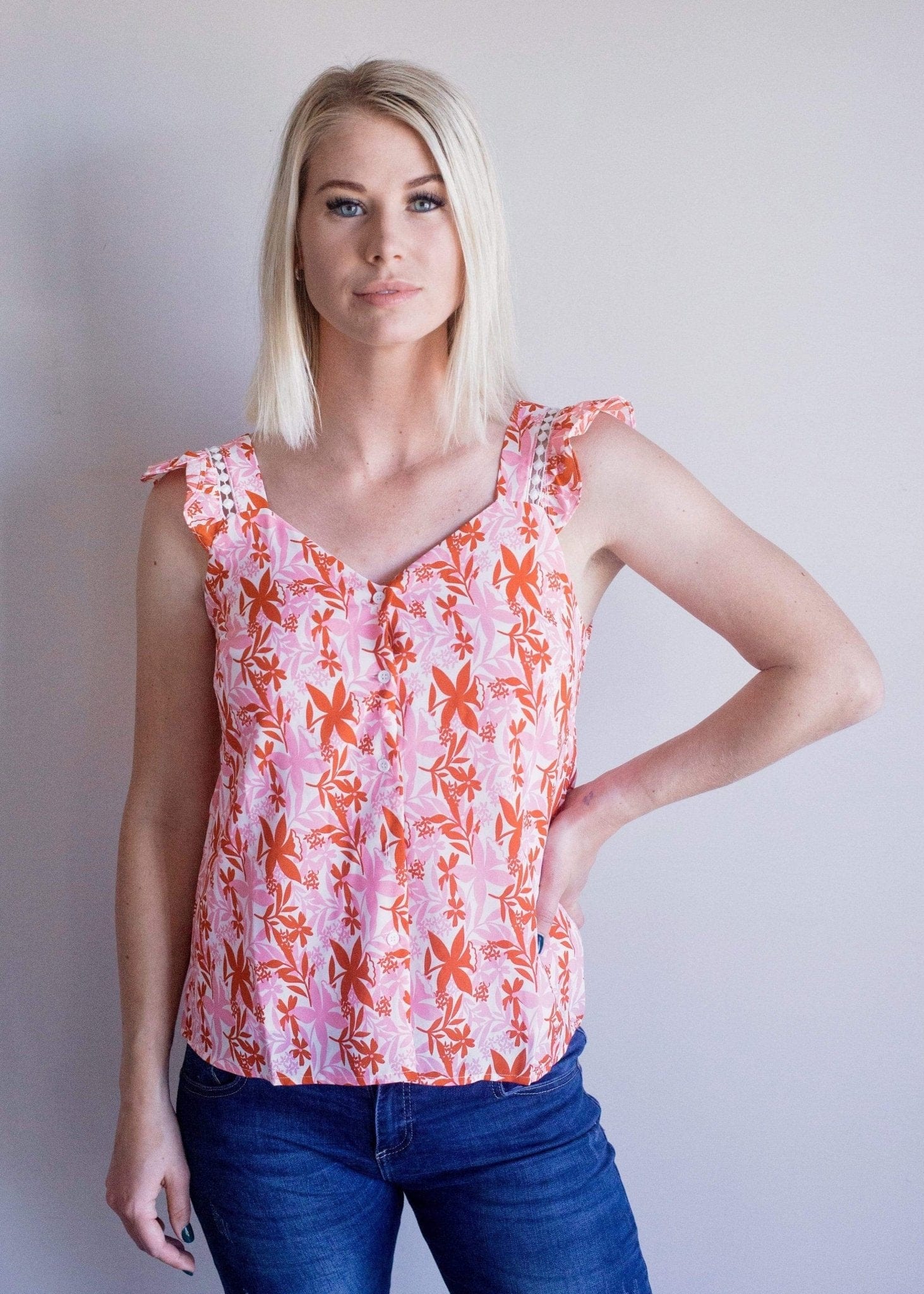 Printed Camisole With Frill Shoudlers In Crimson Floral - Tribute StoreTRIBUTE