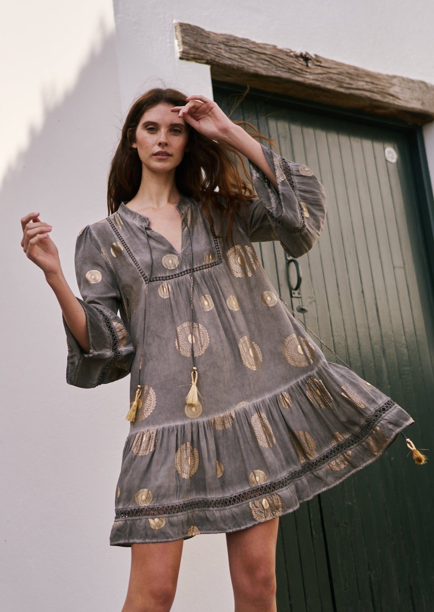 Short Bohemian Dress with Tassels in Stonewashed Grey with Gold Print - Tribute StoreTRIBUTE