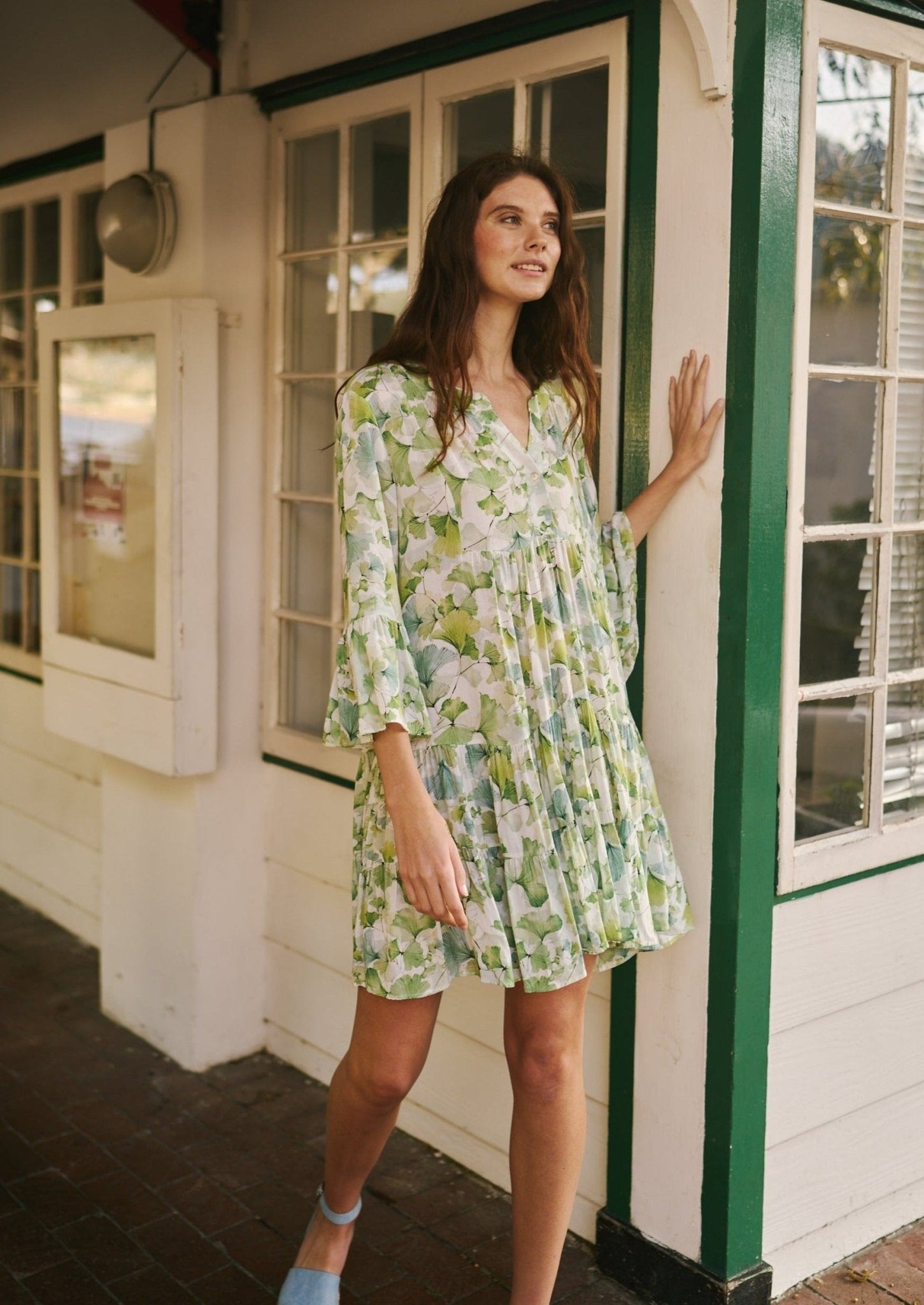 Short Bohemian Flared Dress with Deep V Neckline in Green Leaf Print - Tribute StoreTRIBUTE