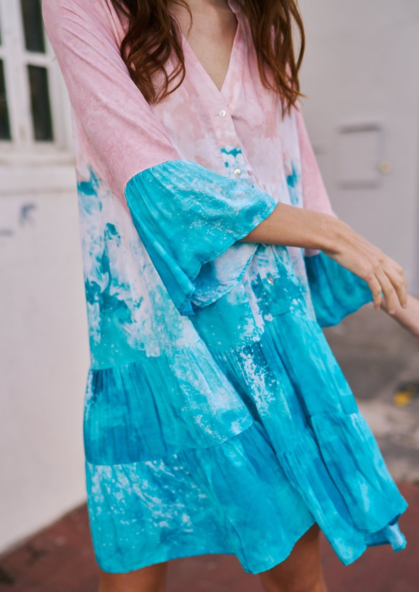 Short Bohemian Flared Dress with Deep V Neckline in Ocean Blue and Pink - Tribute StoreTRIBUTE