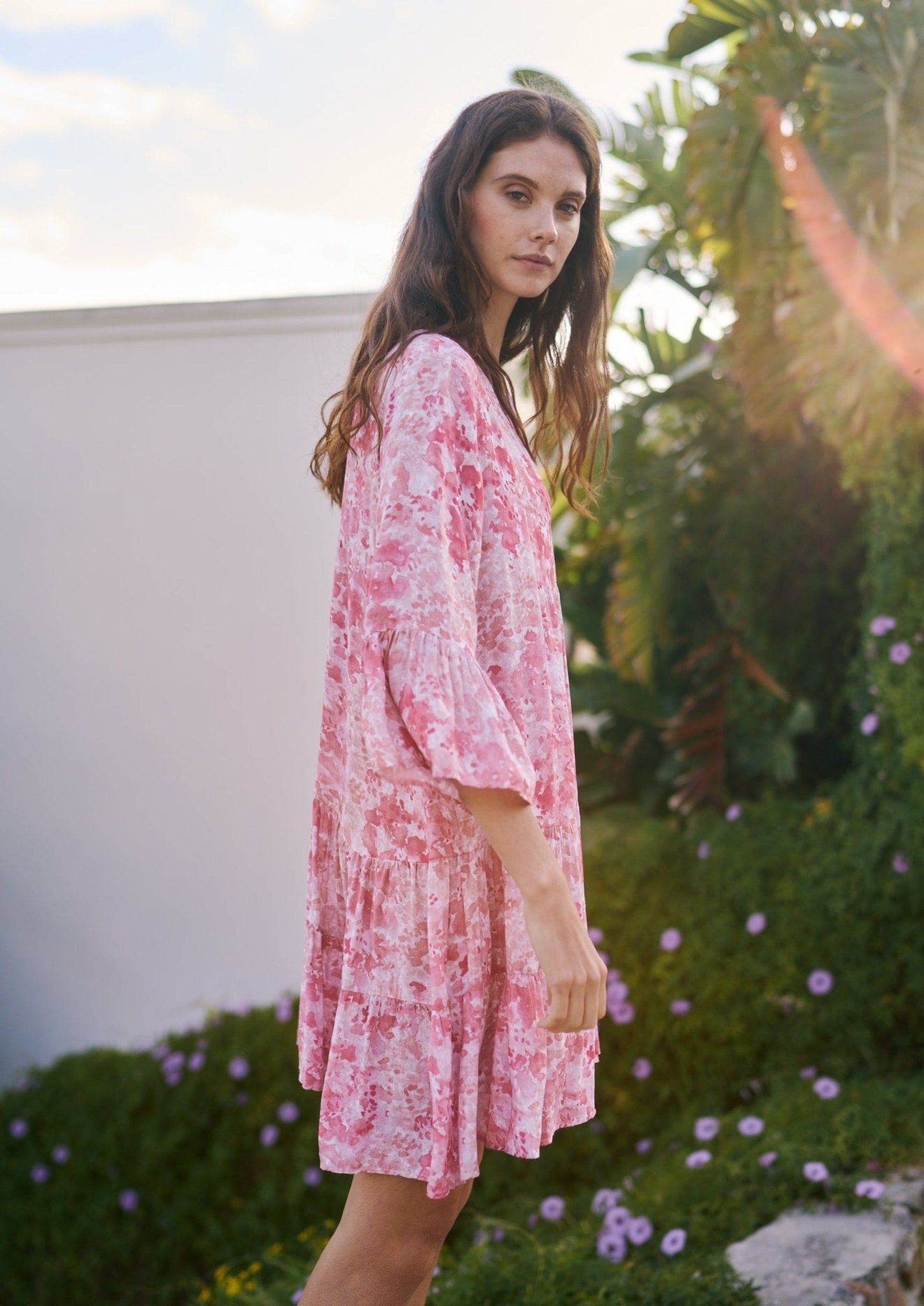 Short Bohemian Flared Dress with Deep V Neckline in Watercolour Rose ...
