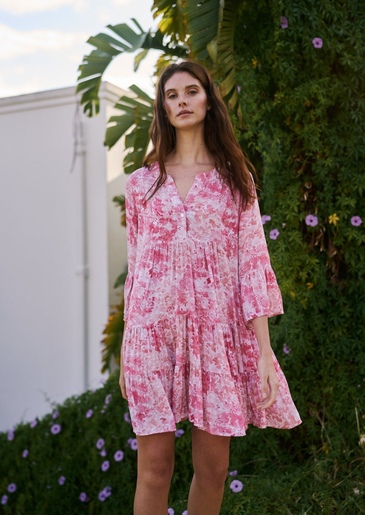 Short Bohemian Flared Dress with Deep V Neckline in Watercolour Rose - Tribute StoreTRIBUTE