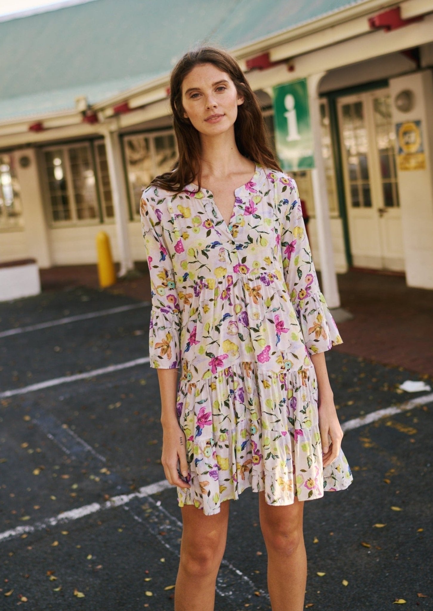 Short Bohemian Flared Dress with Deep V Neckline in Yellow and Pink Floral - Tribute StoreTRIBUTE