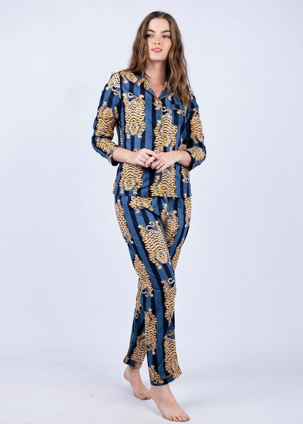 Stripe Tiger Print Pyjama Set in Navy Blue SLEEPWEAR Tribute Store