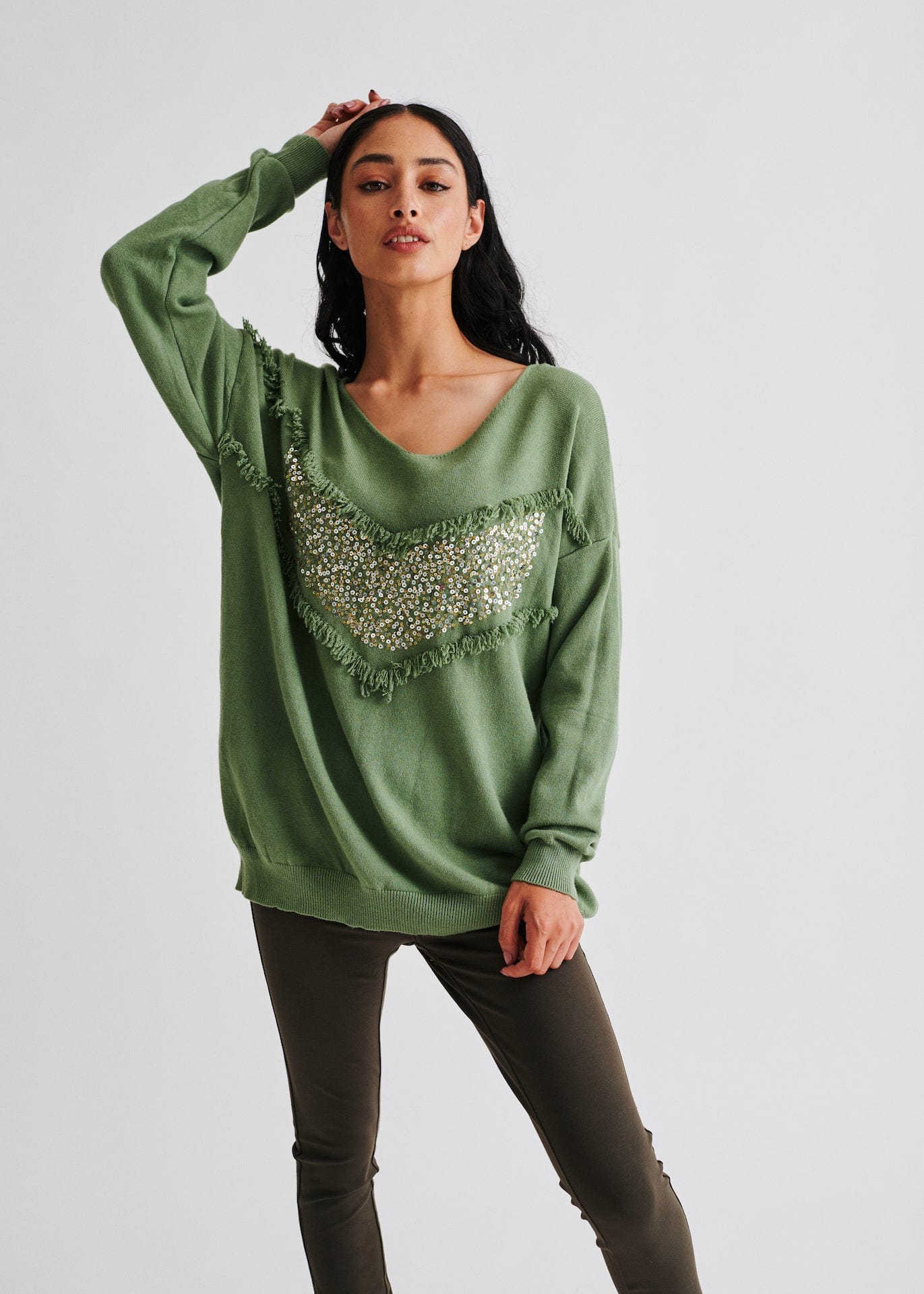 TRIBUTE TOPS FREE SIZE Italian Sequin Jumper In Olive