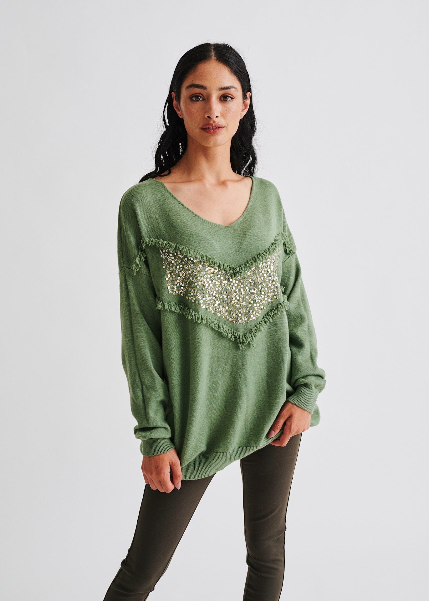 TRIBUTE TOPS FREE SIZE Italian Sequin Jumper In Olive