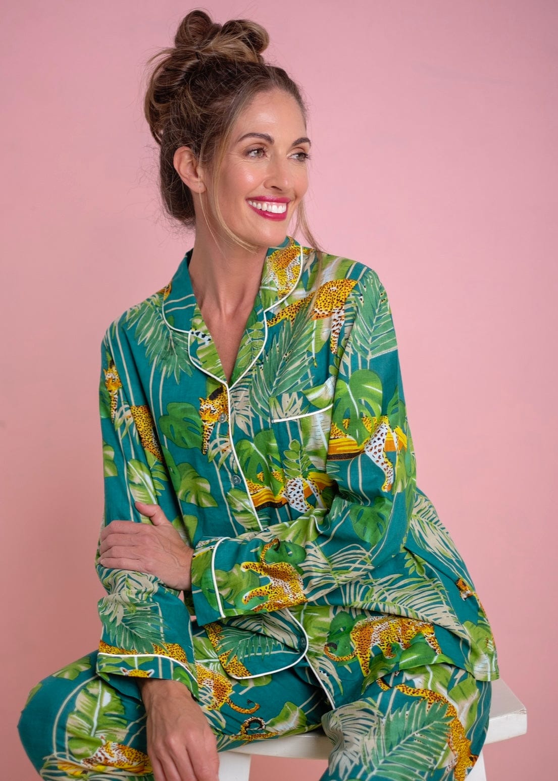 Tropical Jungle Print Long Pyjama Set In Green - Tribute StoreICONIC